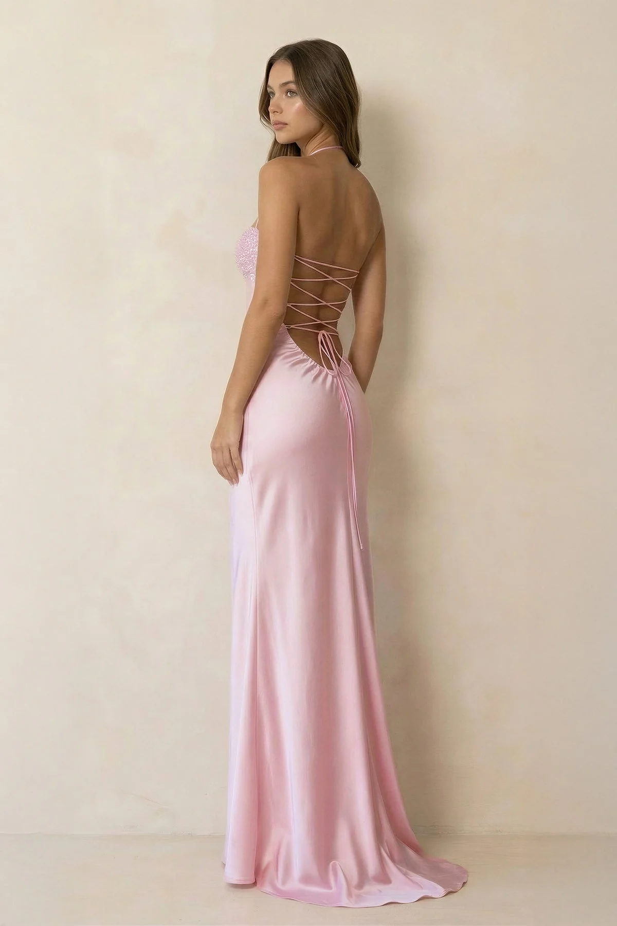 Halter Sheath Satin Maxi Dress With Sequins in Pink - luluinthesky