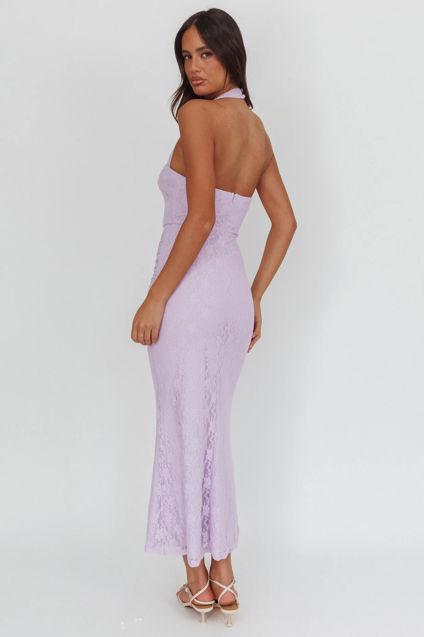 Luli Waist Sash Halter Maxi Dress Lace Lilac