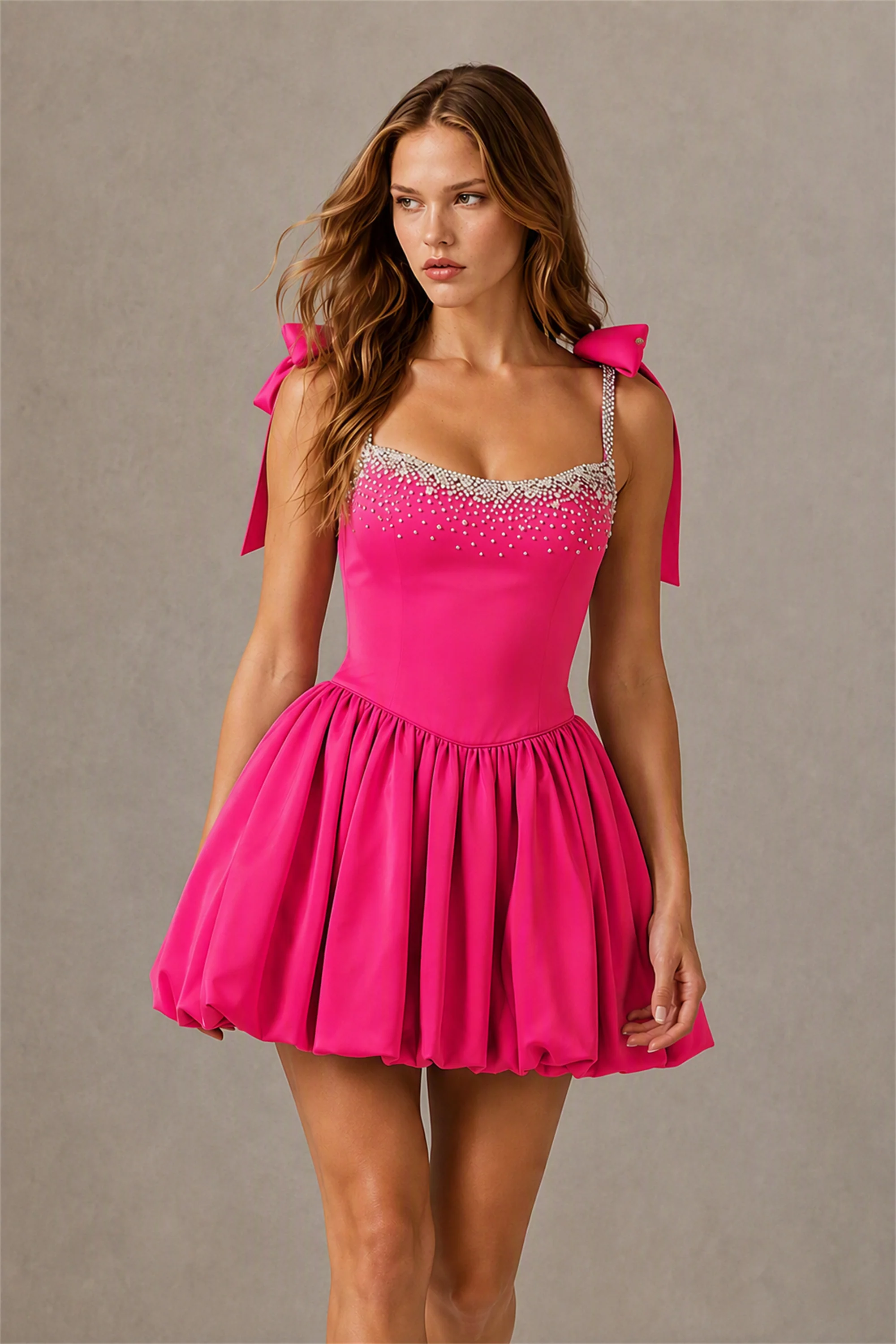 BOLODOO Hot Pink Satin Pearl Embellished Sweetheart Bow Strap Bubble Hem Mini Dress | Cocktail Prom Homecoming Dress
