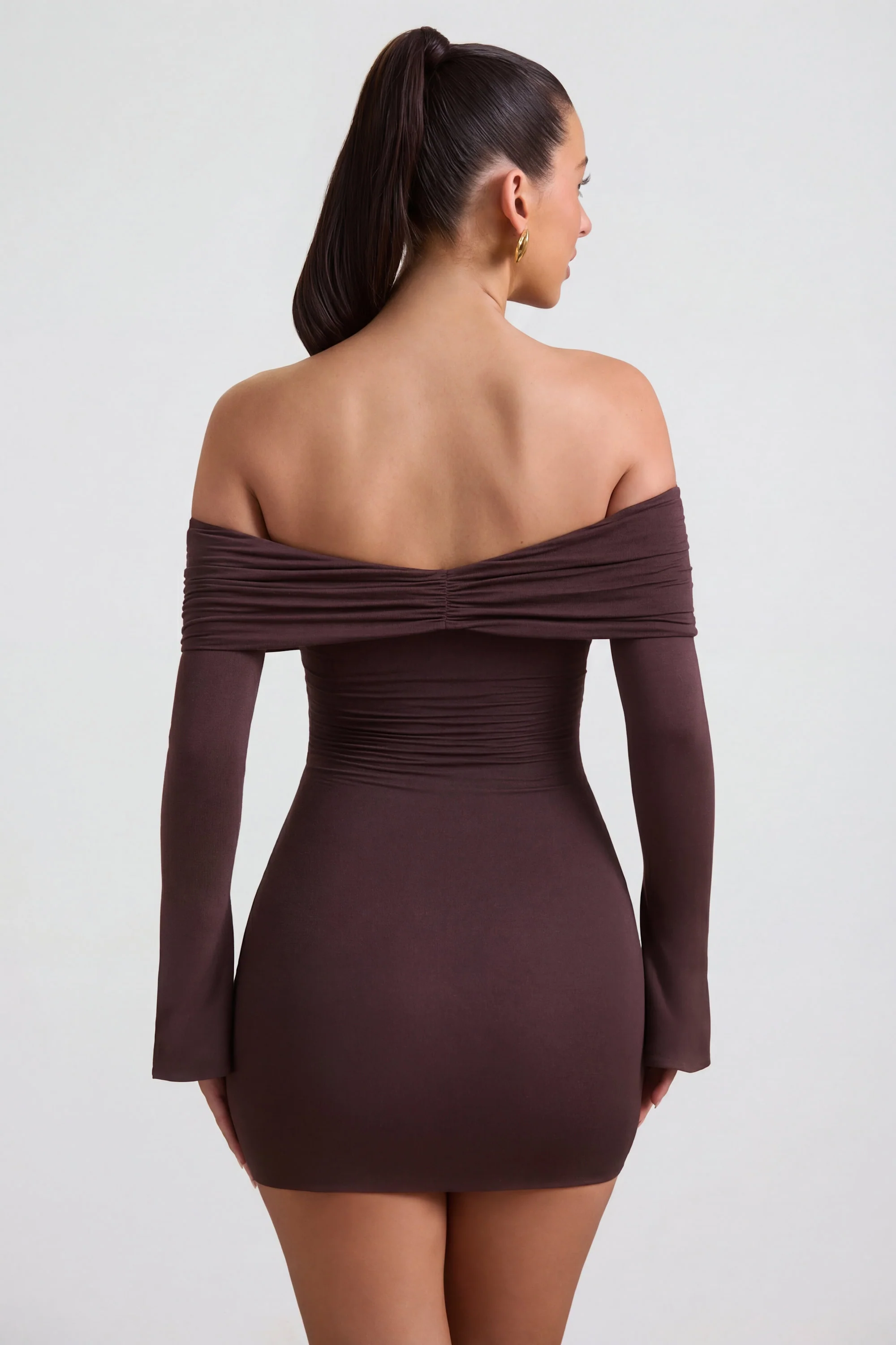 Modal-Cashmere Blend Off-Shoulder Ruched Mini Dress in Espresso