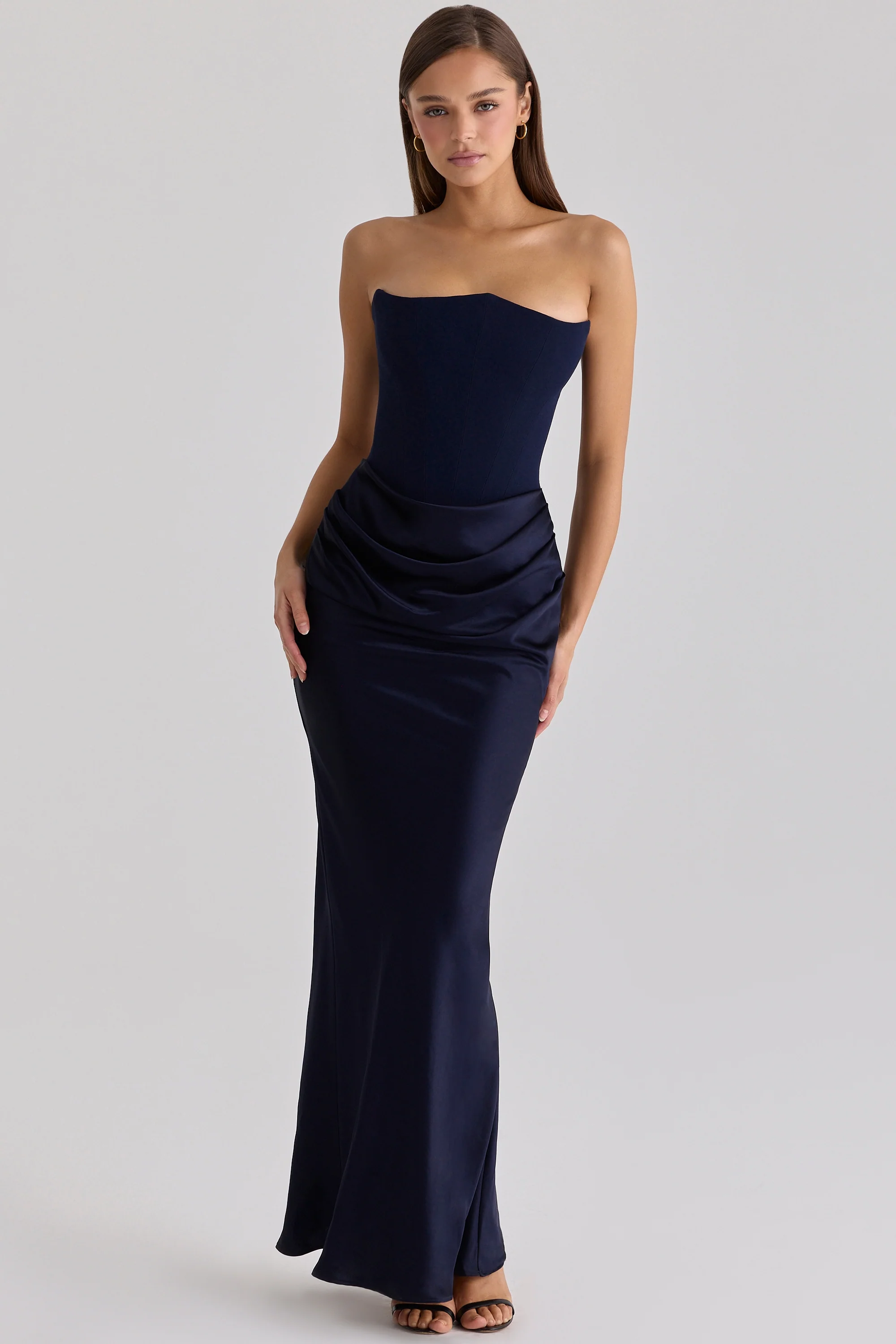 Navy Satin + Crepe Strapless Corset Maxi Dress