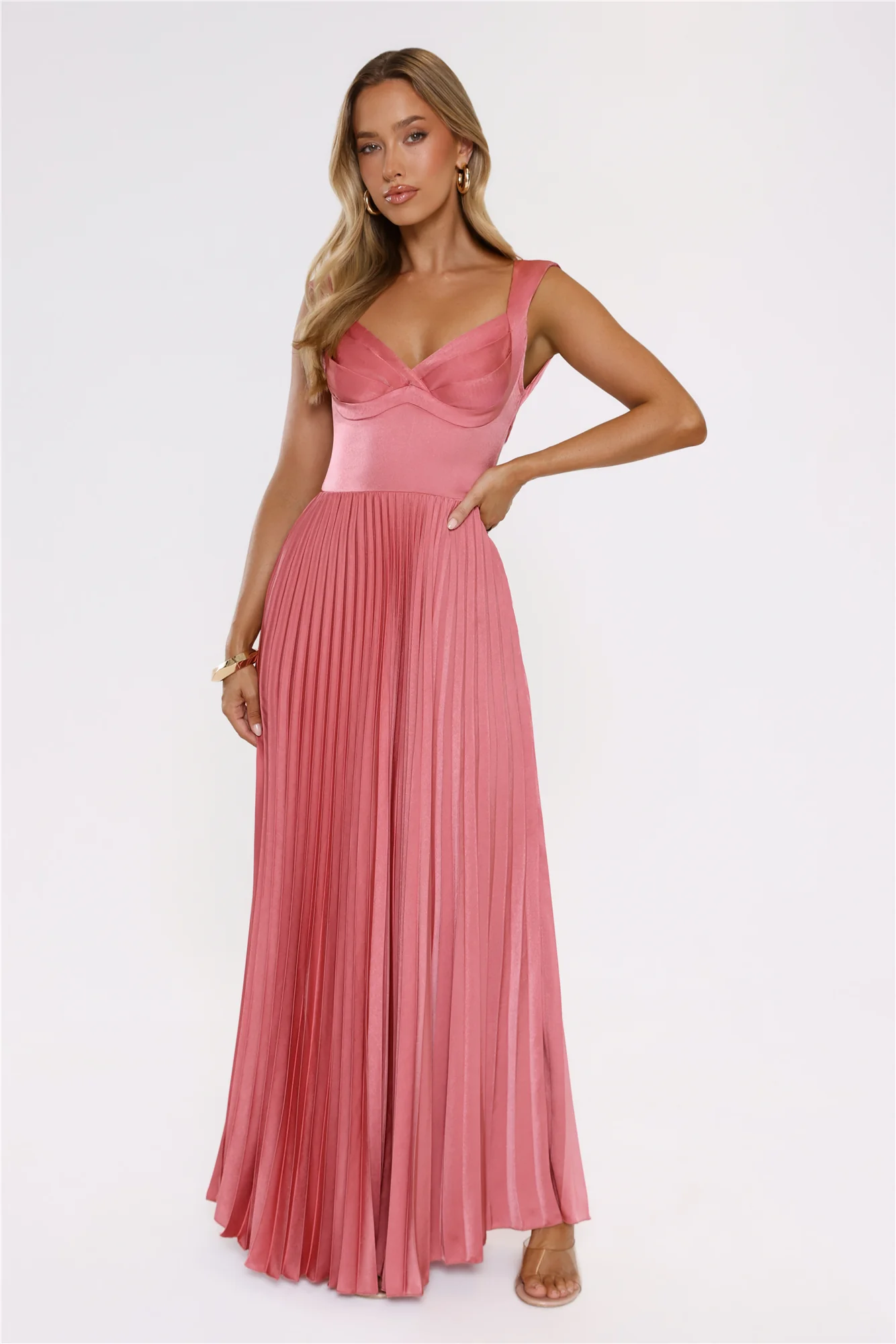 Satin Glow Pleated Maxi Dress Rose