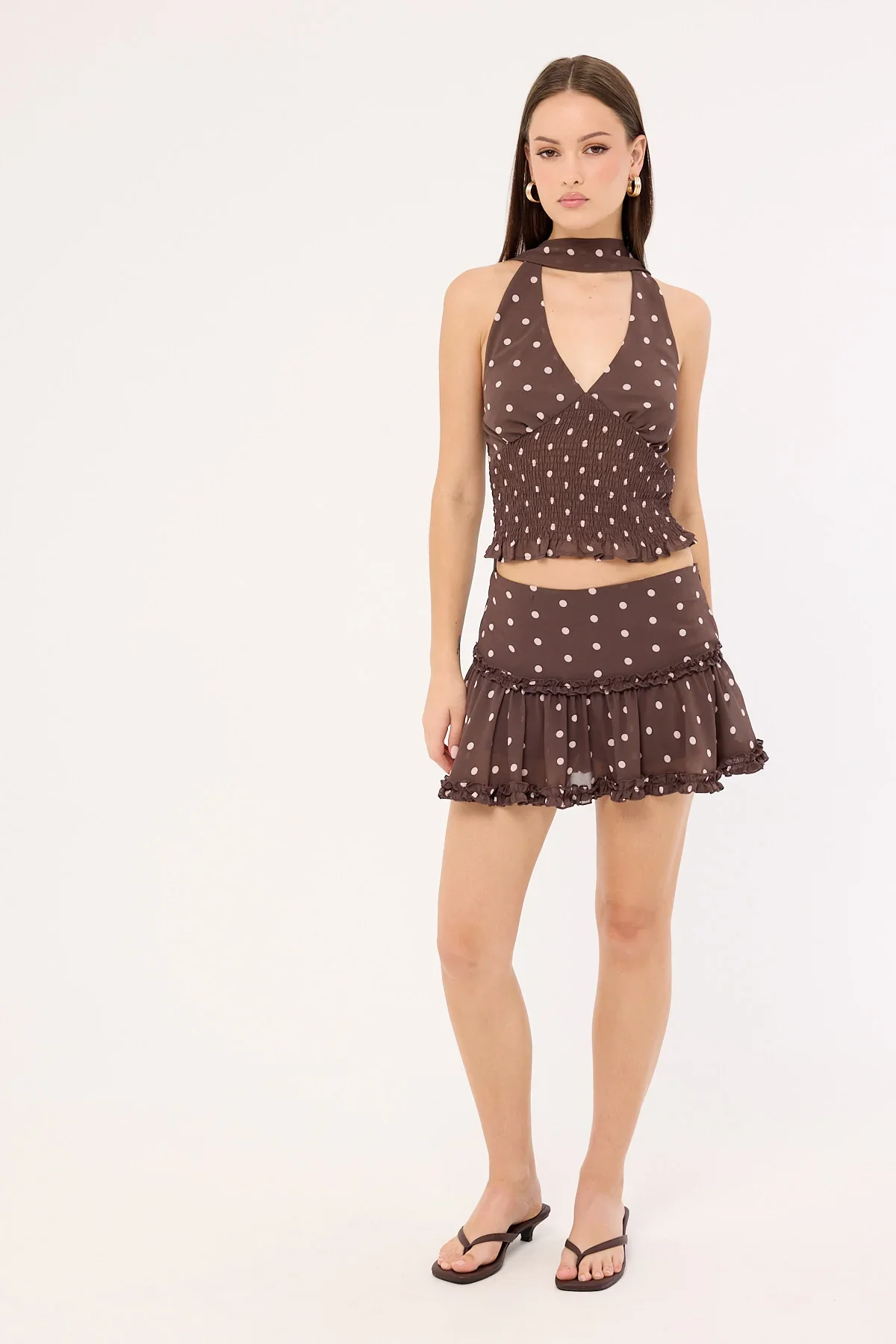 Perfect Stranger Polka Wish Halter Top Brown