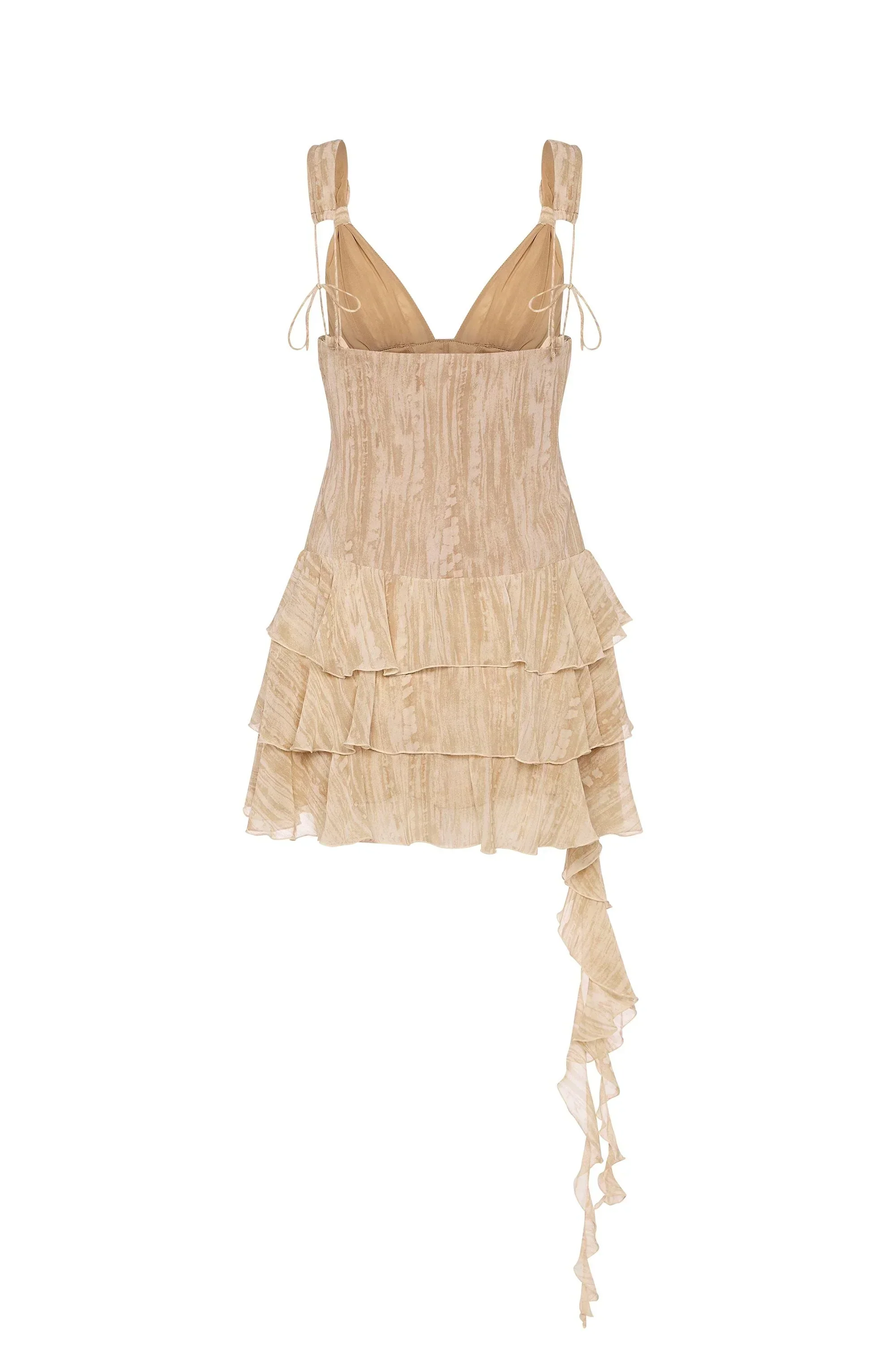 Lace-Up Ruffled Tiered Mini Dress in Tan Print - luluinthesky
