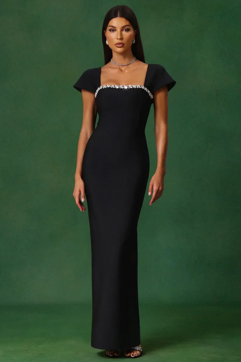 Romelle Diamond Bandage Maxi Dress – Short Sleeve Elegant Gown