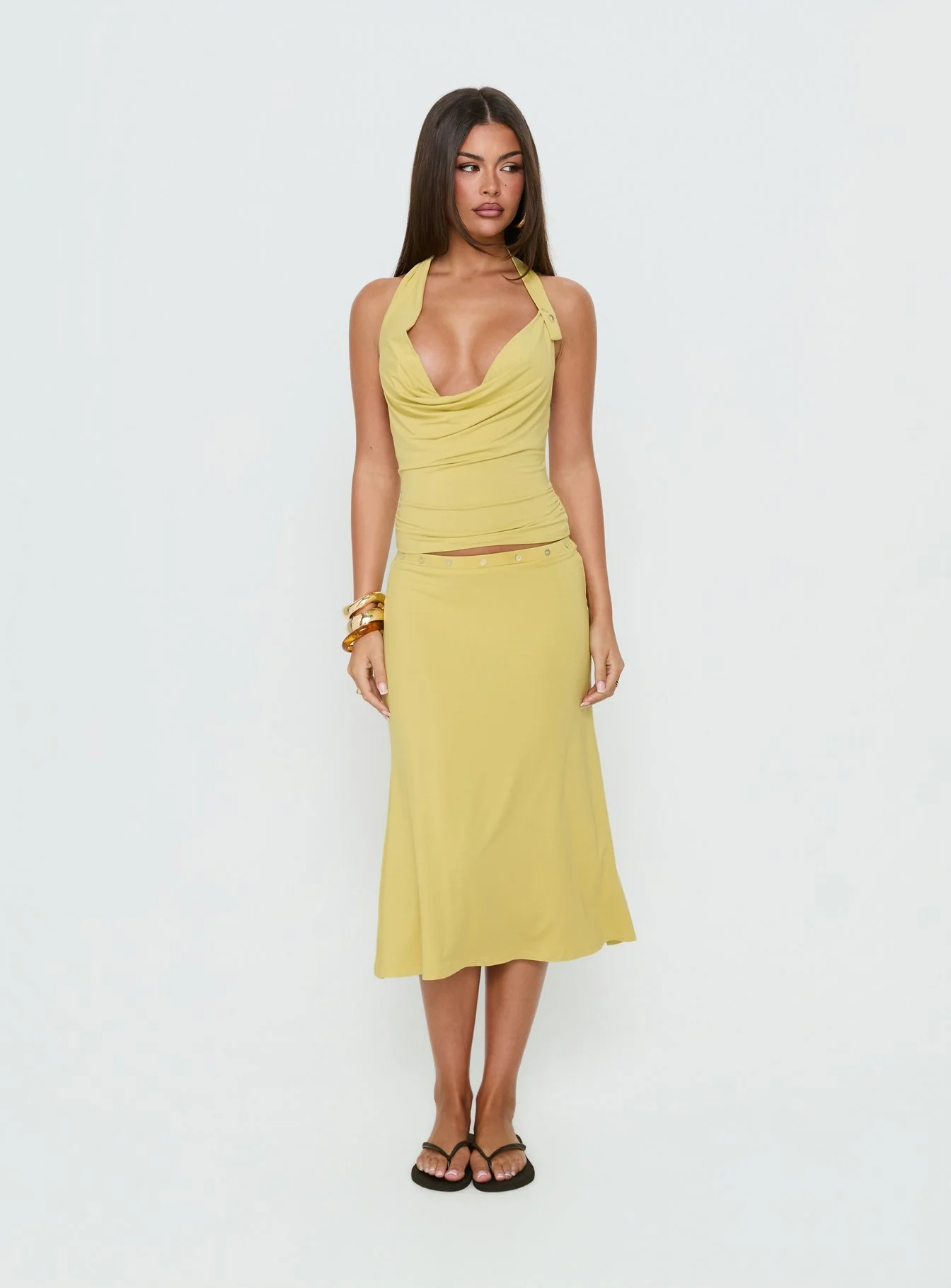 Esperia Button Midi Skirt Green