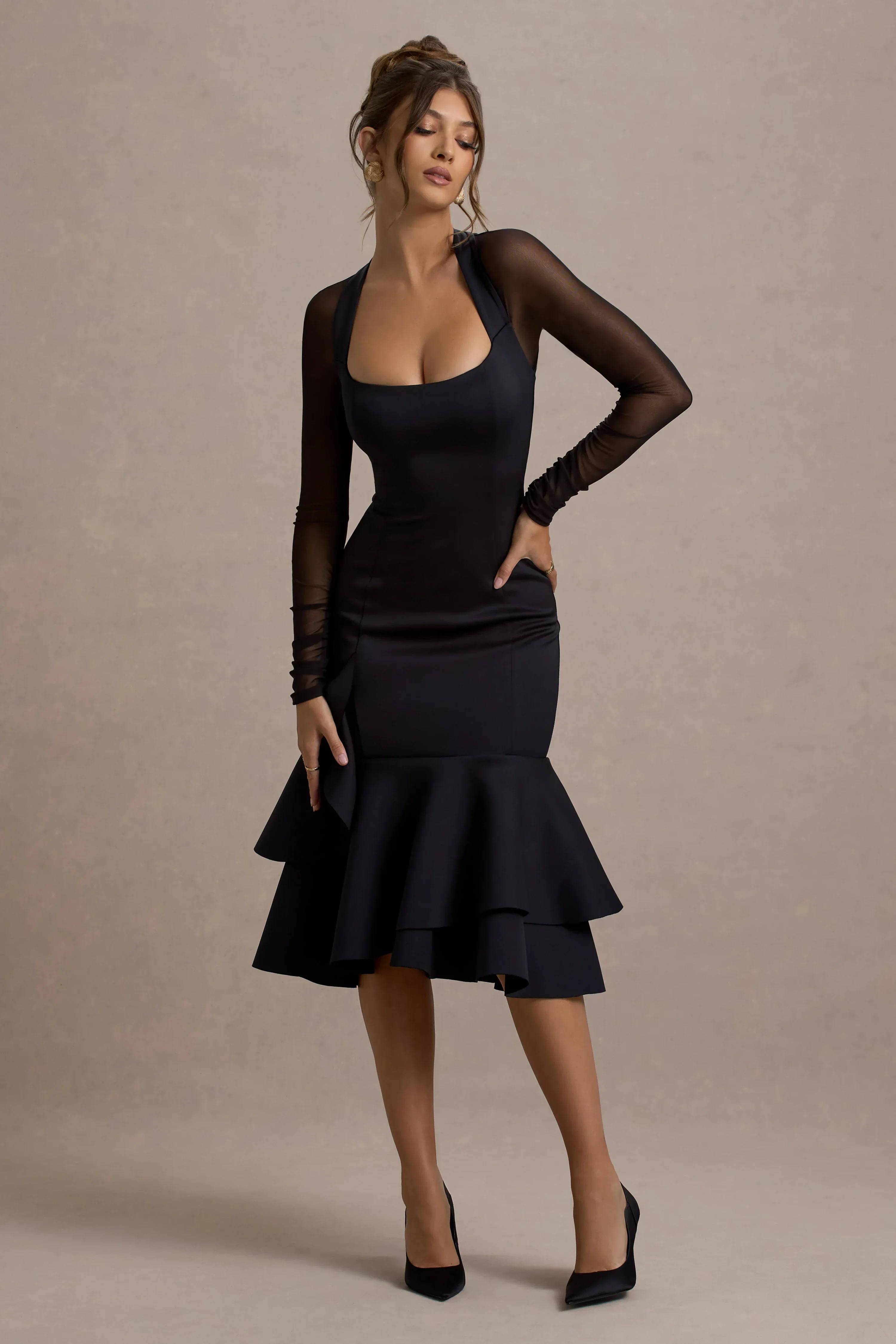 Sander | Black Mesh Long-Sleeve Ruffle-Hem Midi Dress