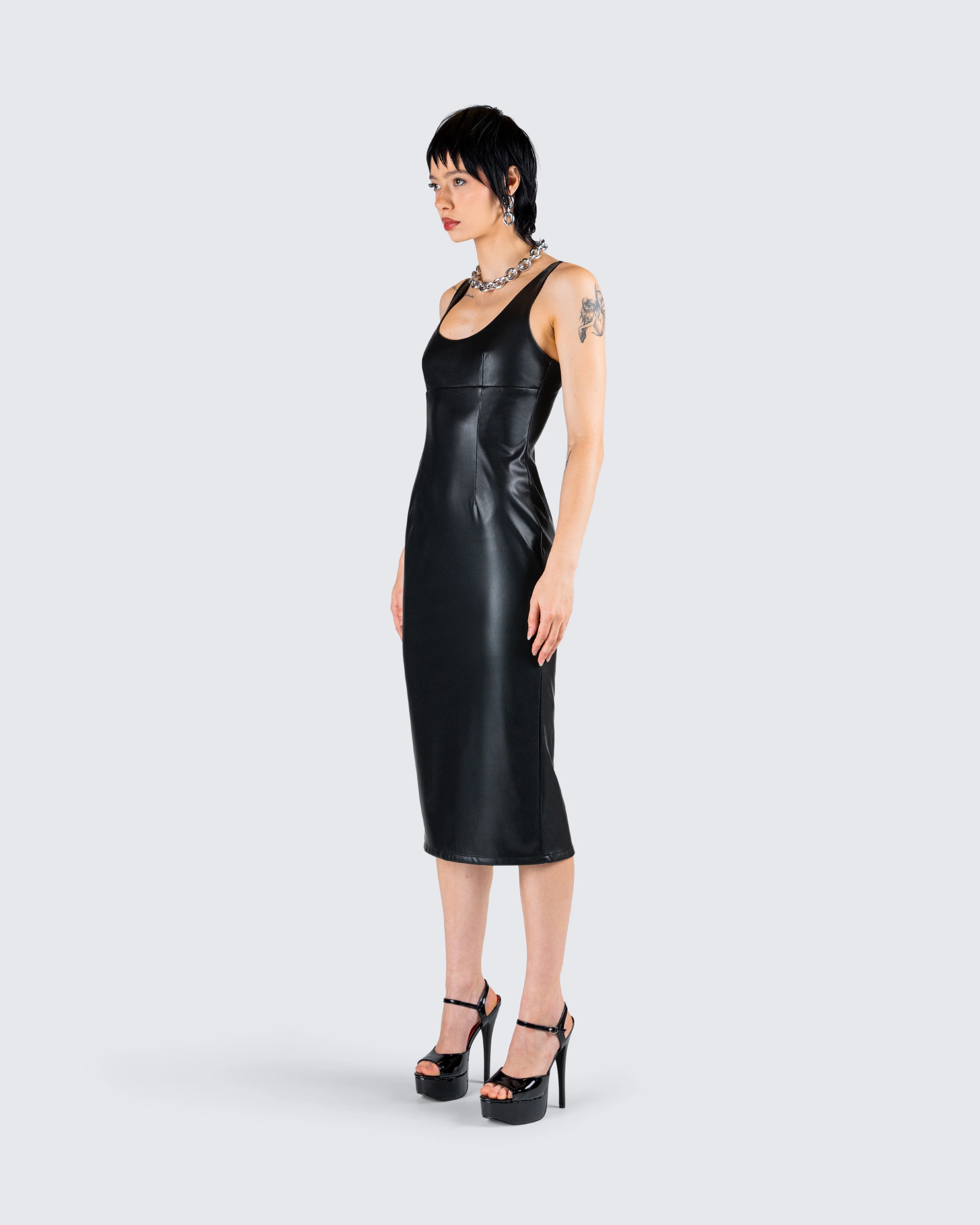 Maia Black Faux Leather Midi Dress