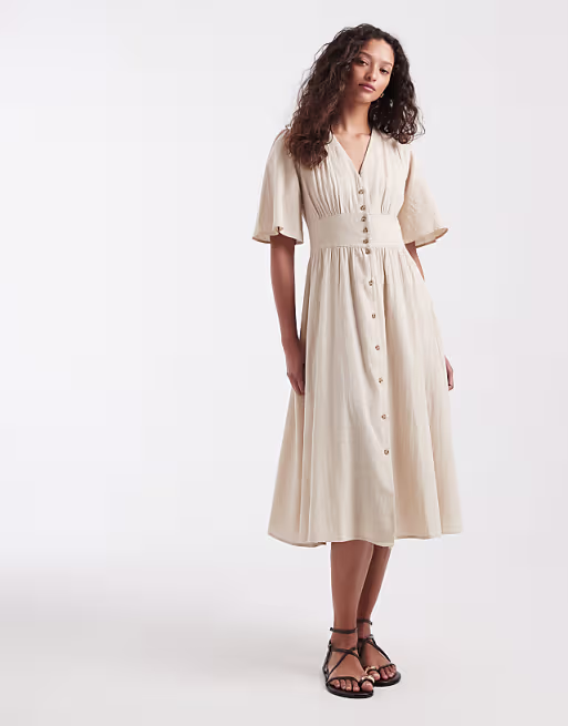 ONLY linen look midi shirt dress in beige