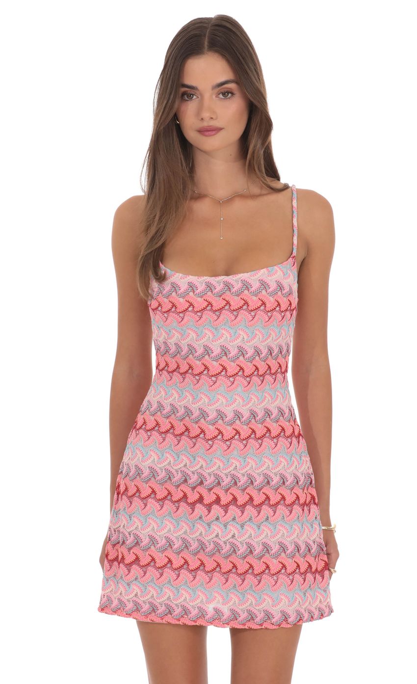 Scalloped Pattern Lace Mini Dress in Pink