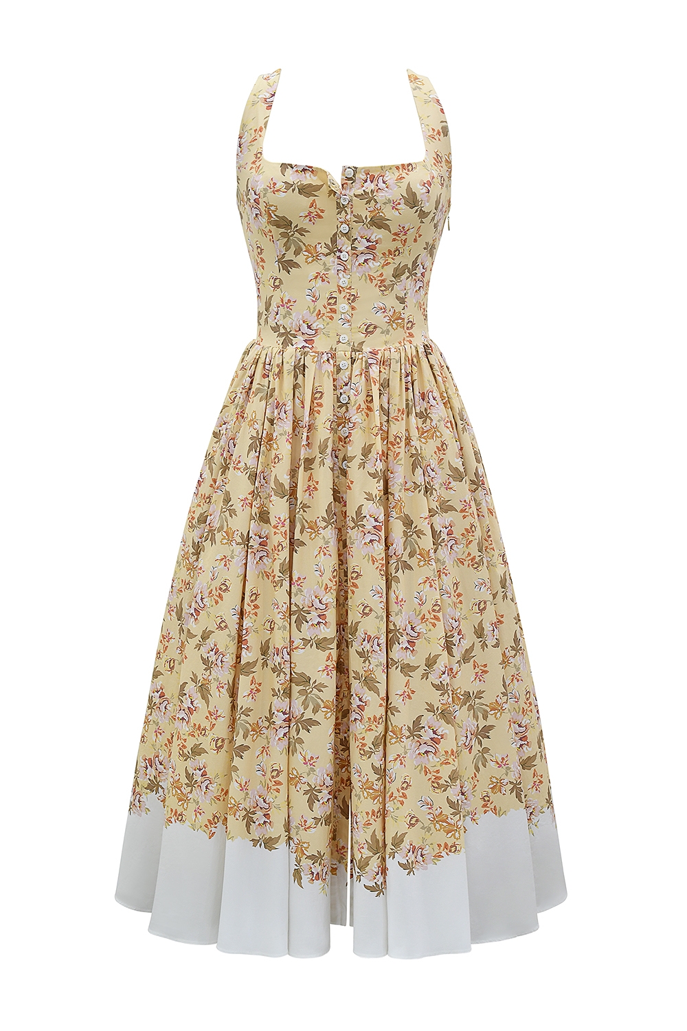 Honeyflower Print Gathered Cotton Midi Dress