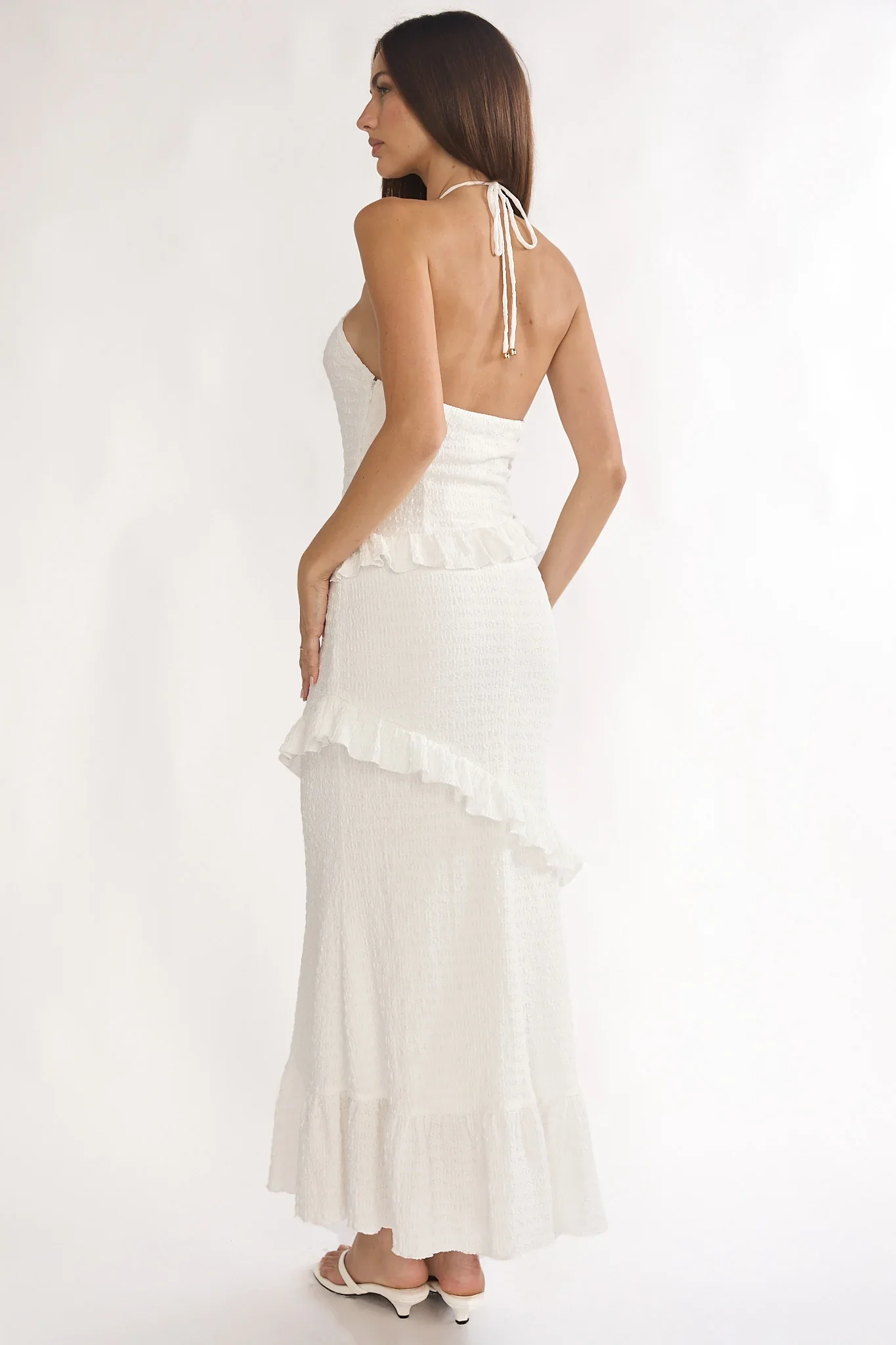 Clemence Smocked Frill Trim Maxi Dress White