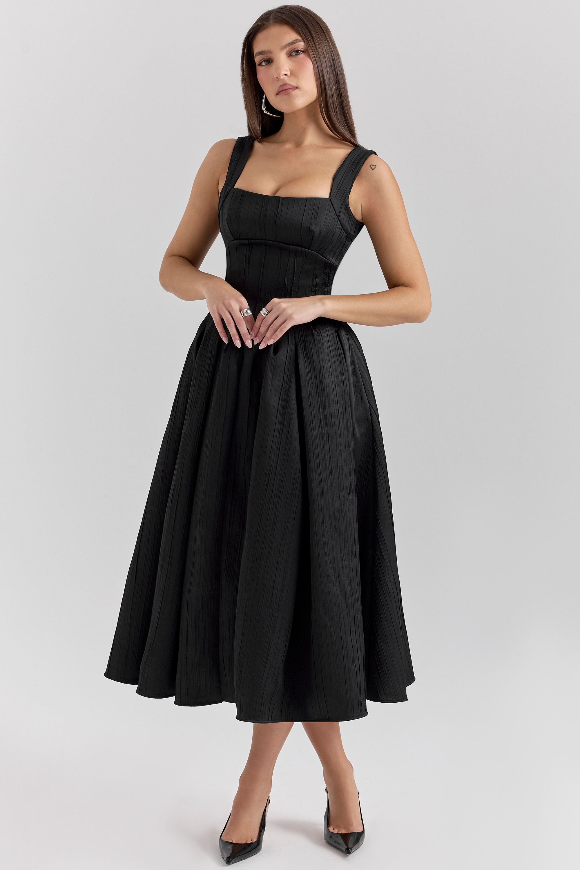 black textured satin corset midi dress