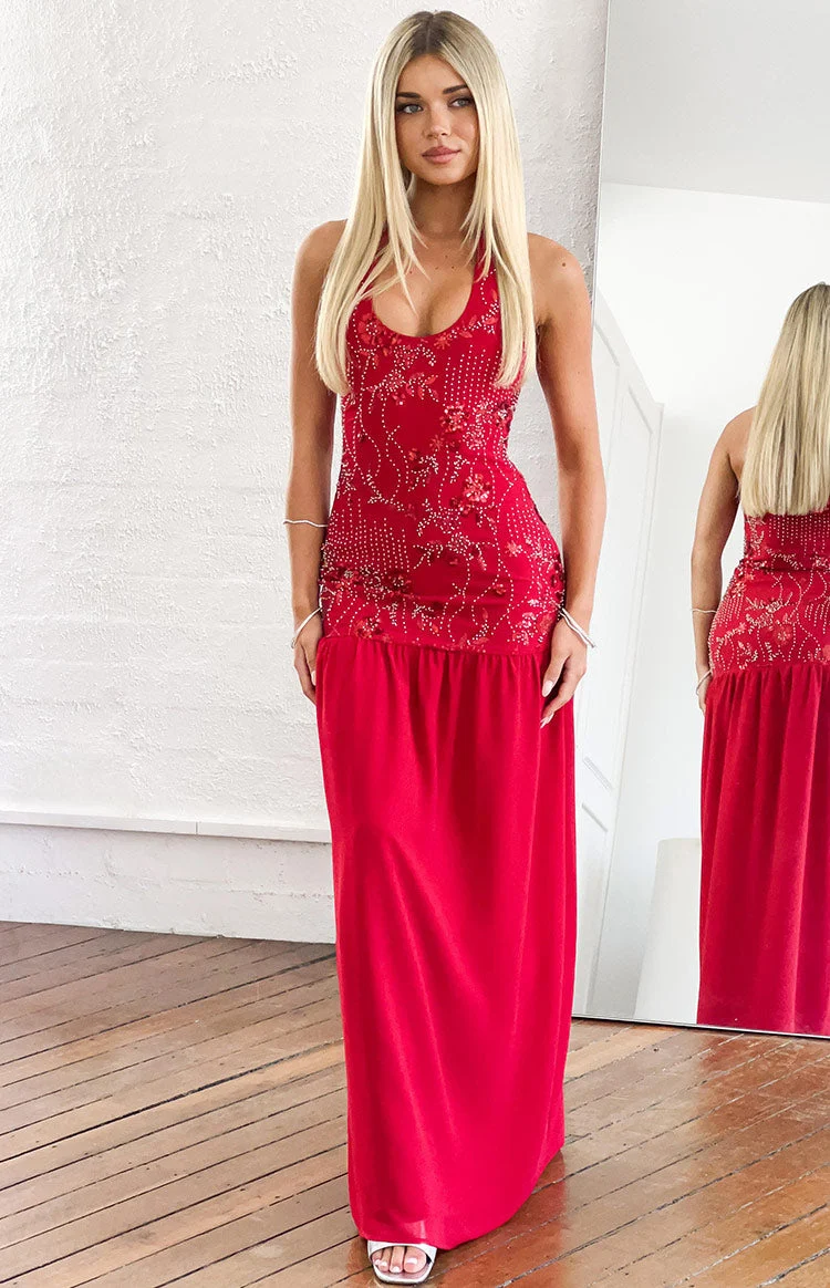 Aella Red Beaded Halter Maxi Dress
