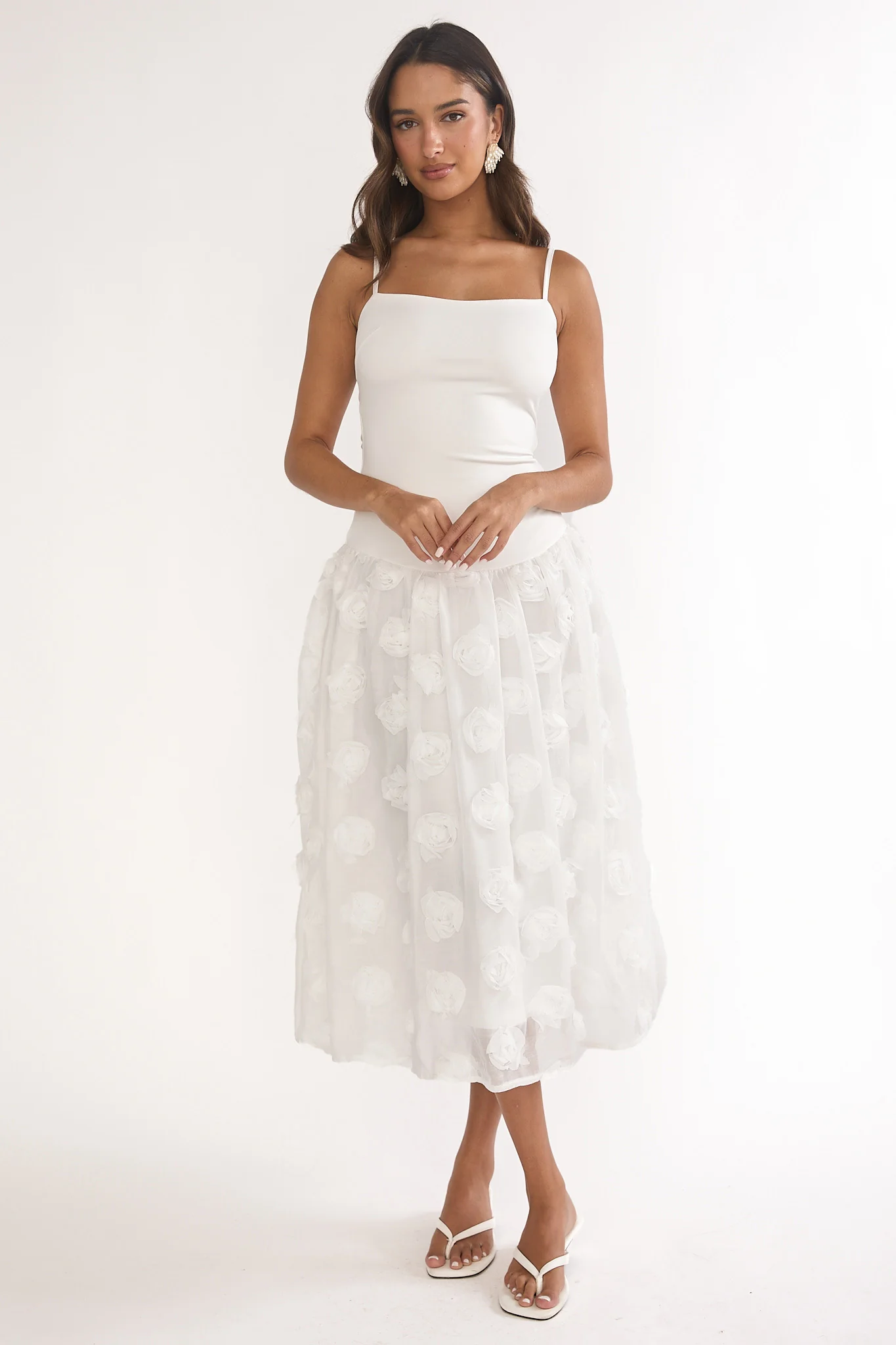 Adley Embellished Drop Waist Midi Dress White - luluinthesky