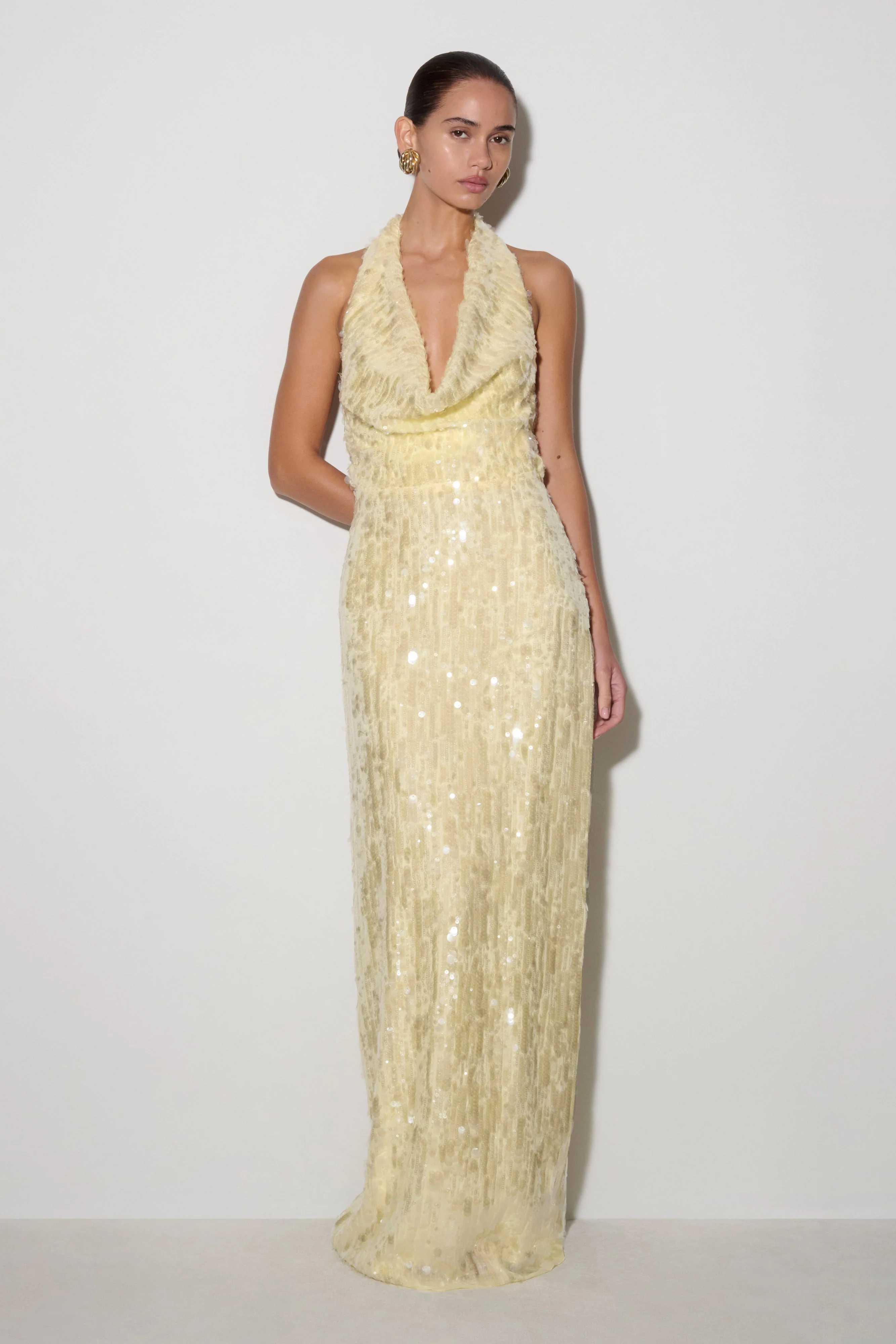 Gertrud Sequin Halter Maxi Dress - Lemon