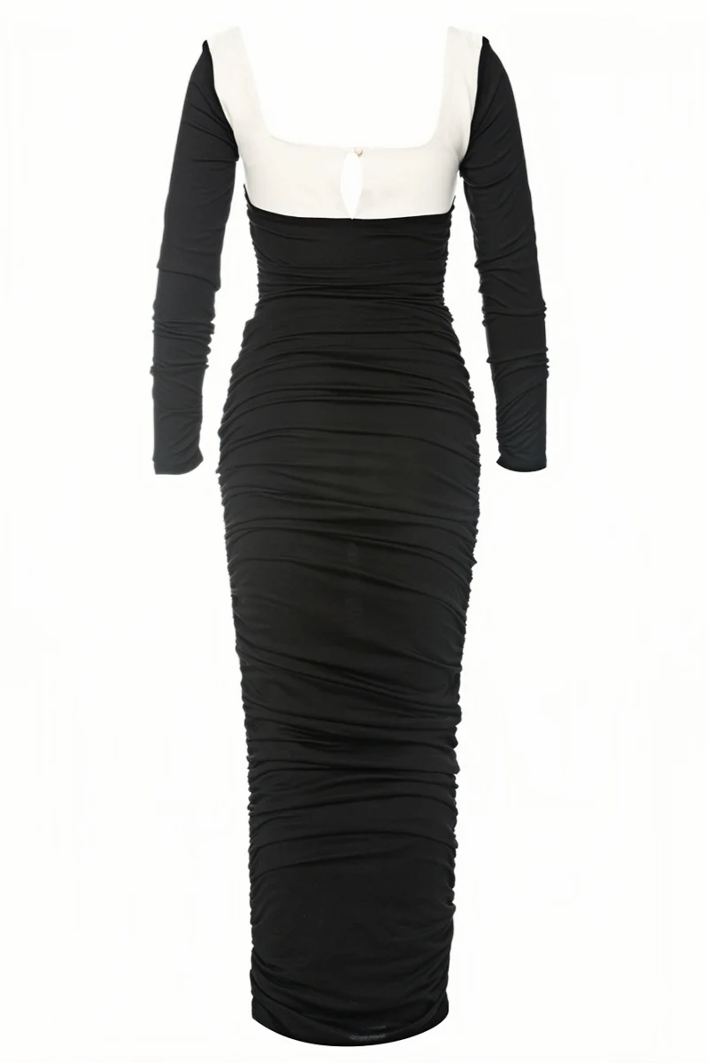 Lolic Long Sleeve Square Collar Ruched Hem Knit Maxi Dress