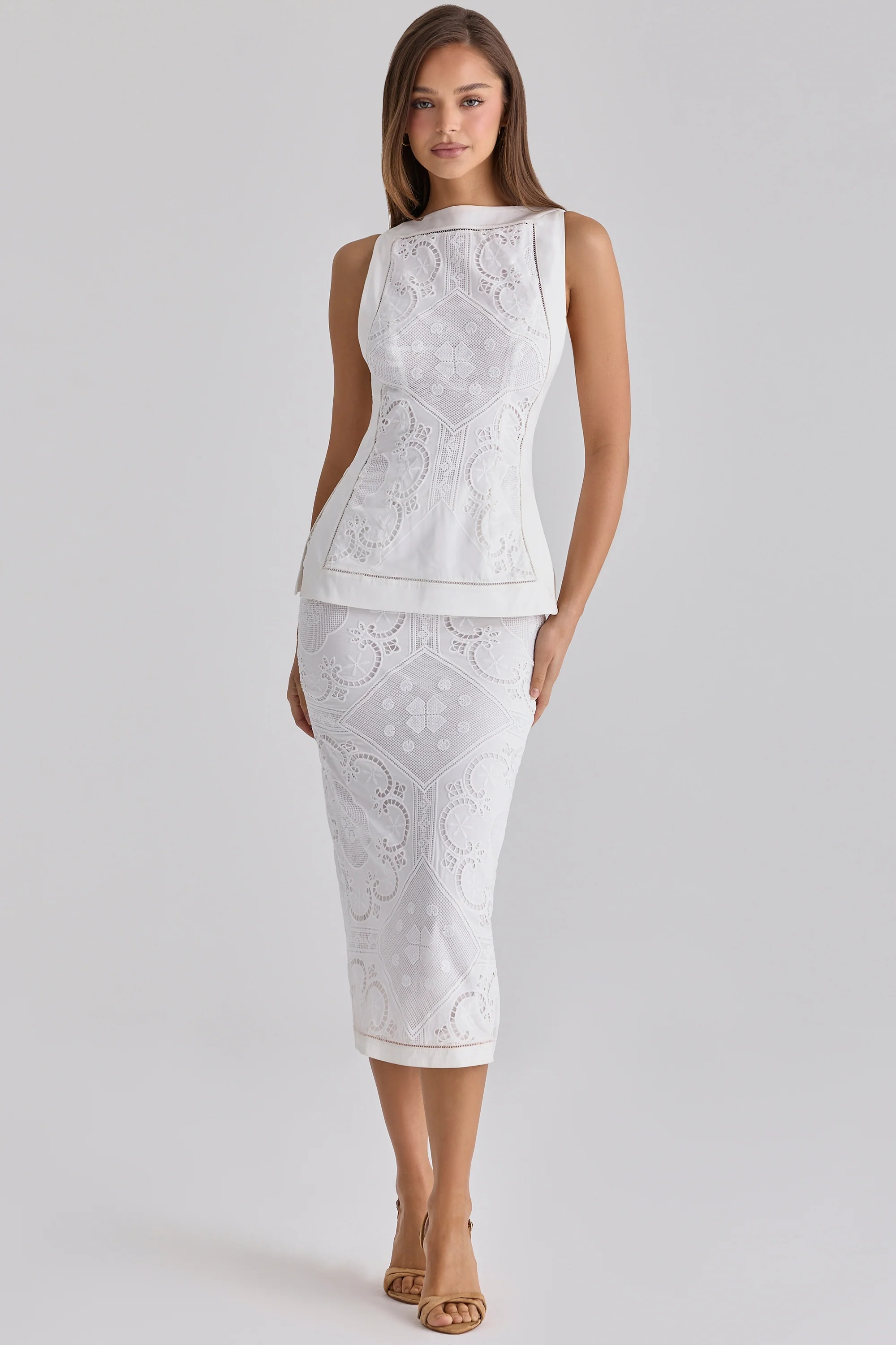 White Cotton Placement Lace Broderie Anglaise Midi Skirt