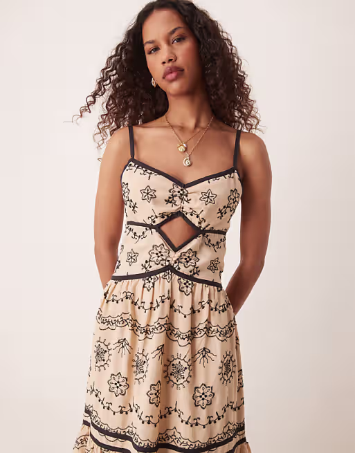cami cut out embroidered maxi dress in stone with black tipping