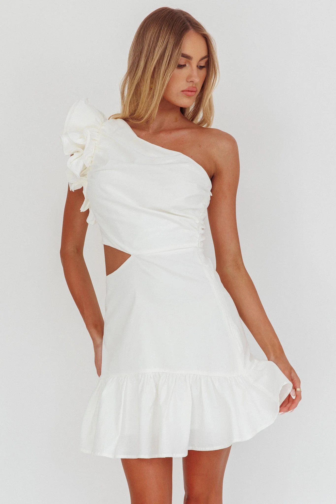 Deanna One-Shoulder Cut-Out Mini Dress White - luluinthesky