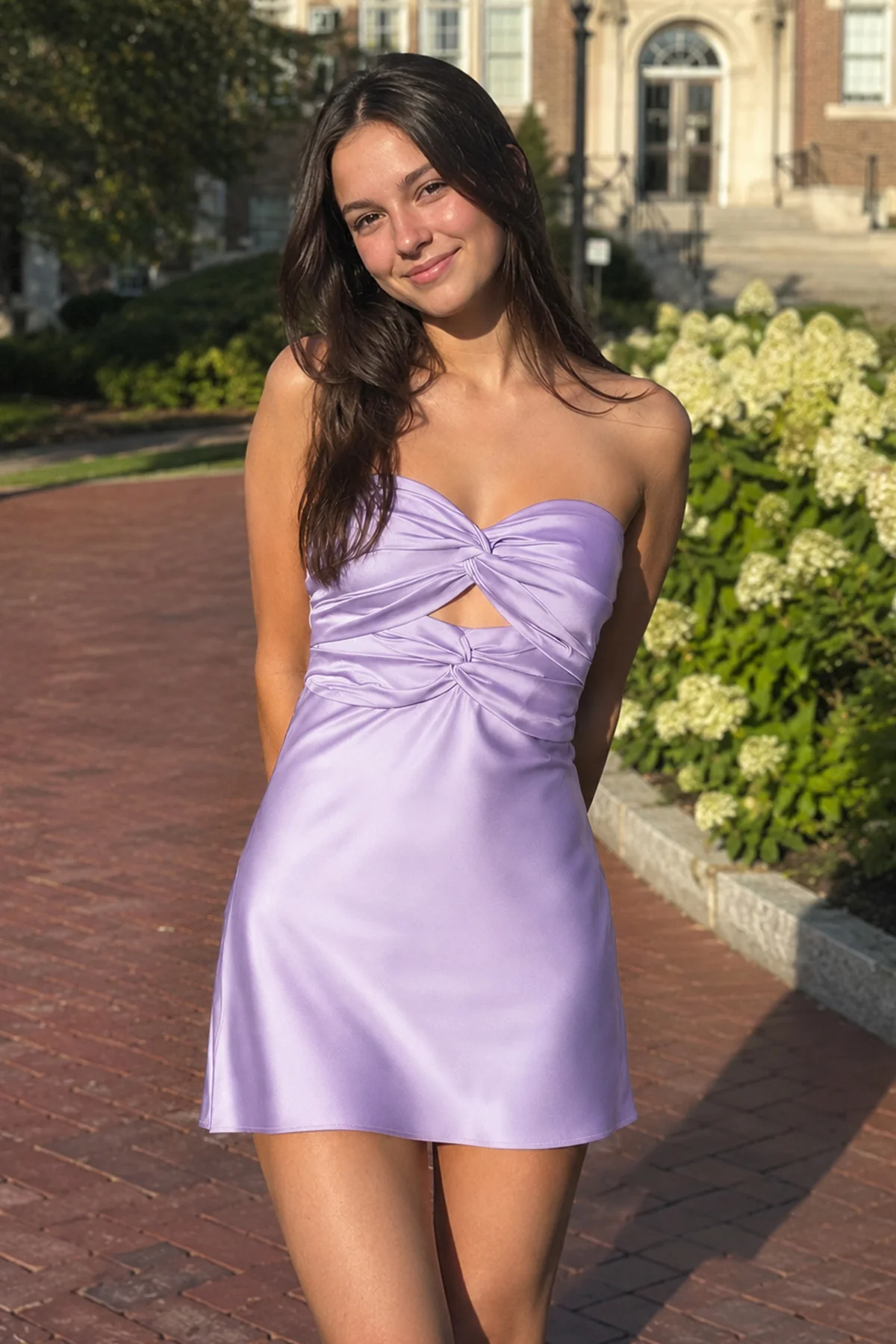 Lavender Strapless Sheath Satin Pleated Cutout Short Homecoming Dresses