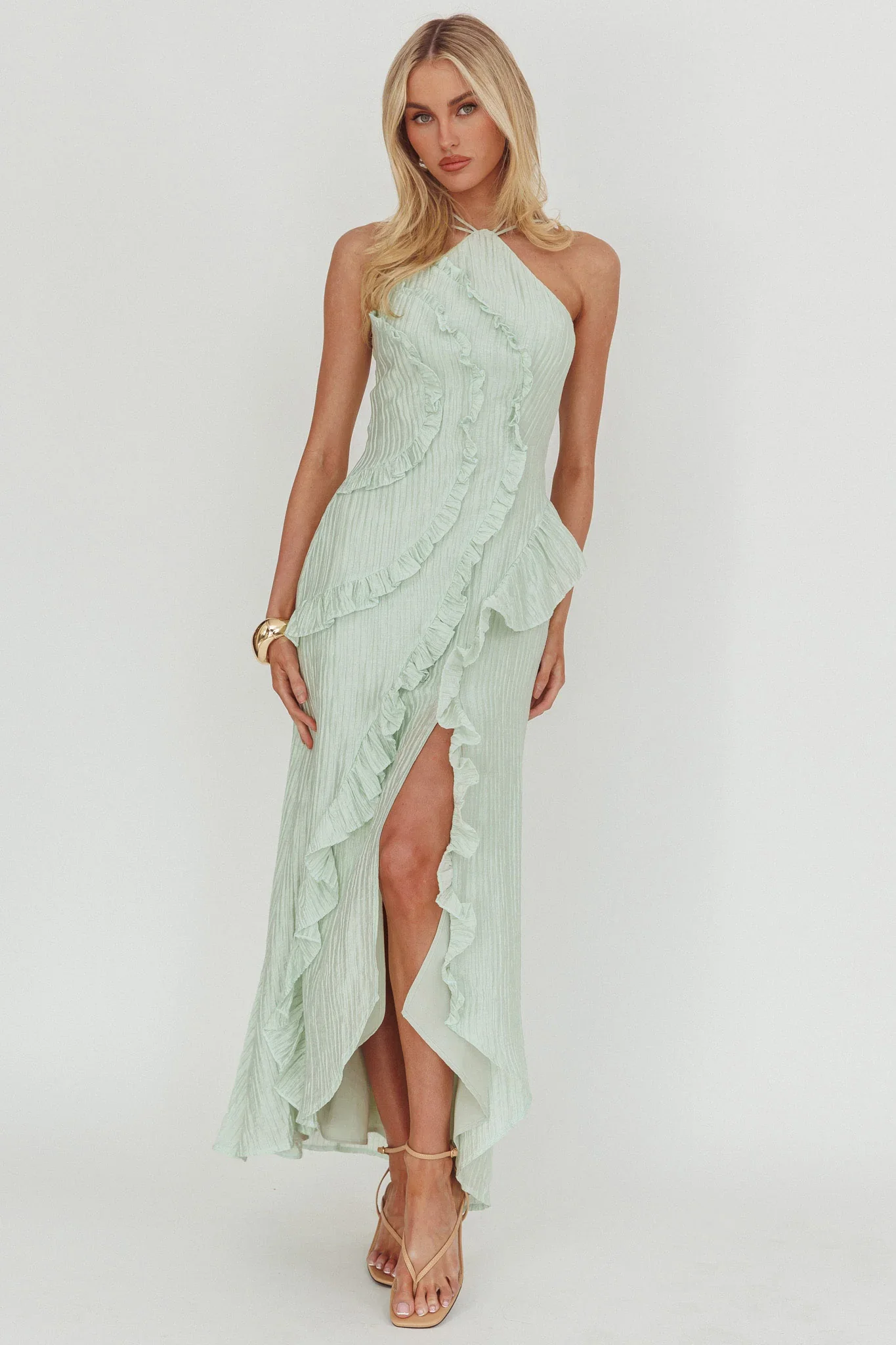 Nerisse Textured Frill Halter Maxi Dress Sage