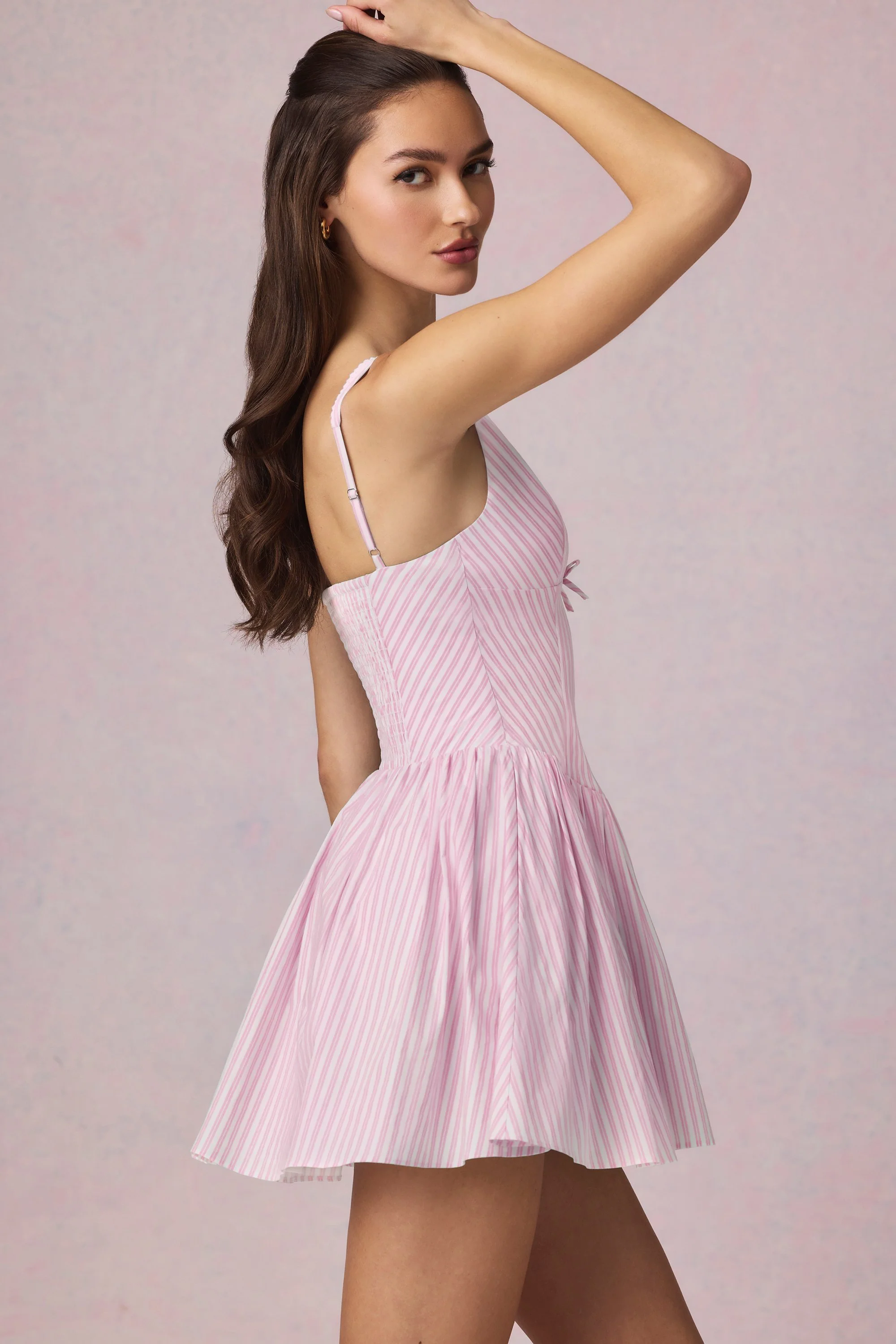 Bow-Detail A-Line Mini Dress in Soft Mauve Stripe