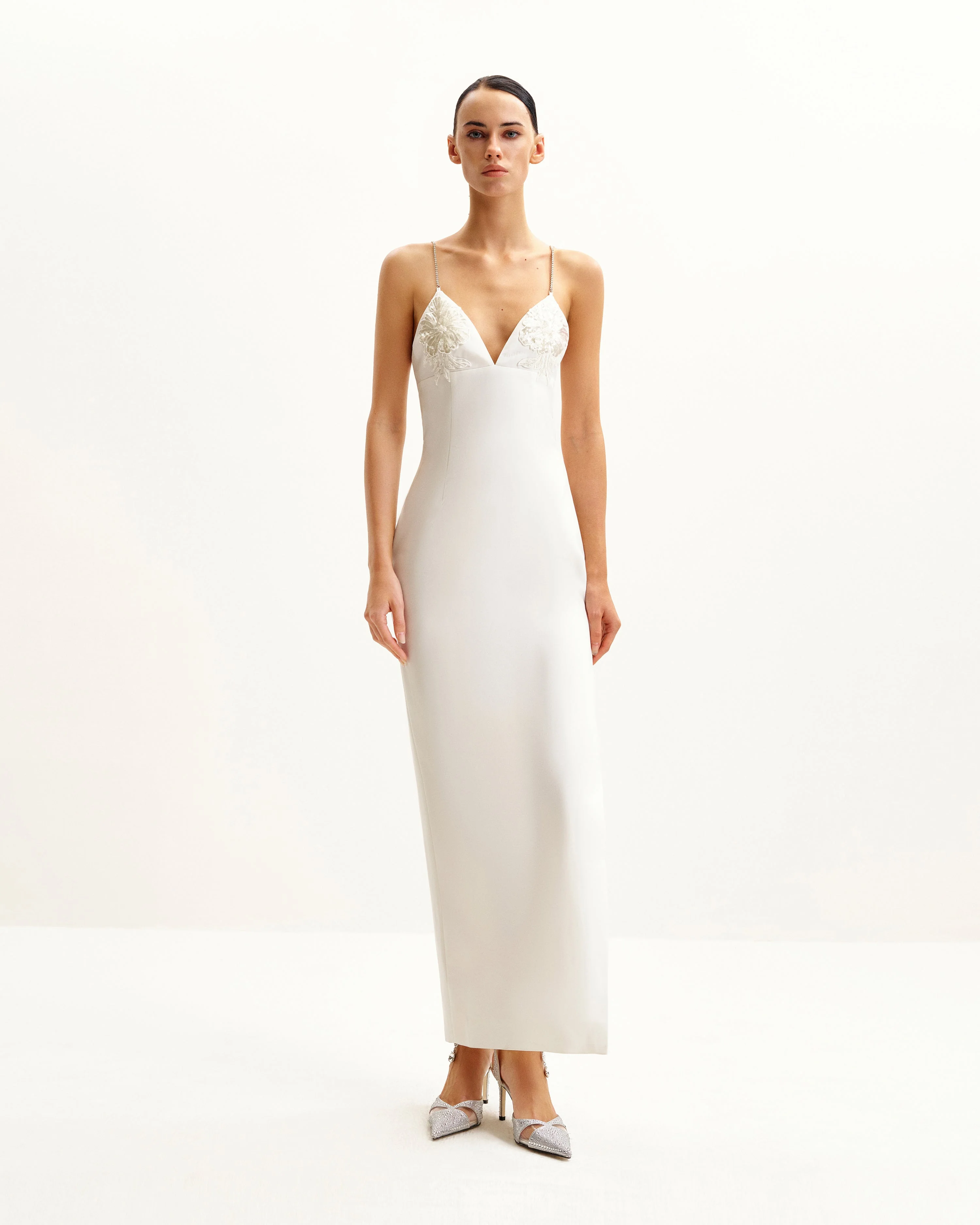 Ayliua Sweetheart-Neckline Rhinestones Embellished White Long Dress - White