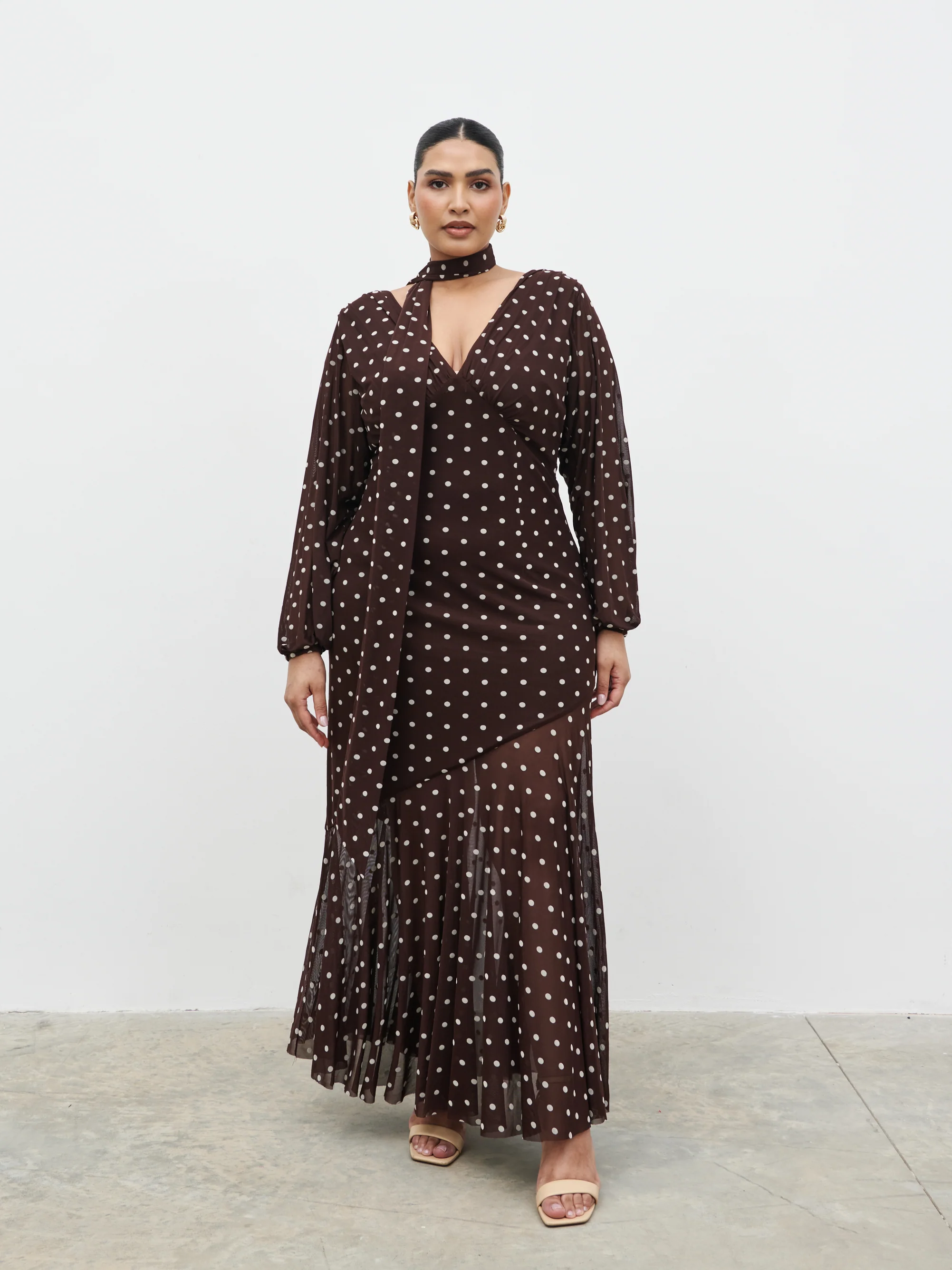 Petula Scarf Mesh Maxi Dress Curve - Brown and Cream Polkadot