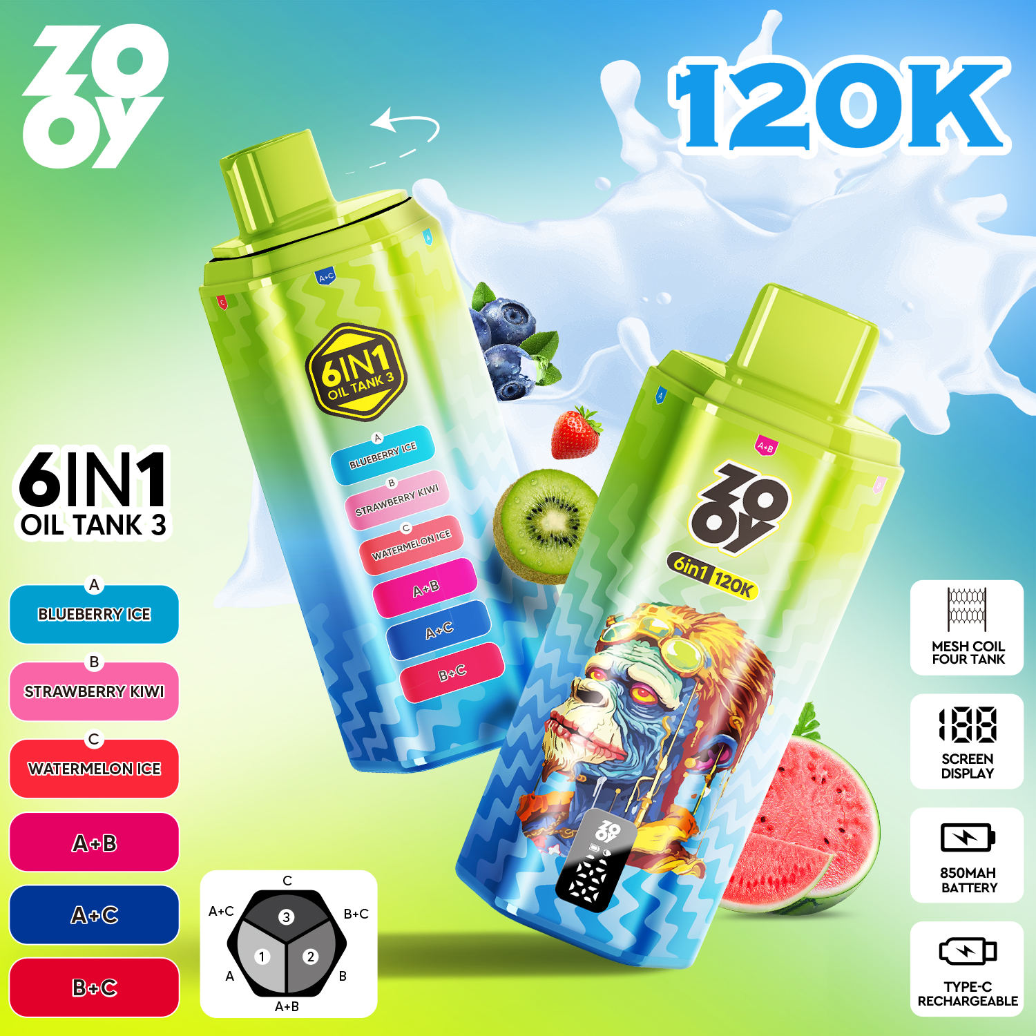 ZOOY TANK 120K - Blueberry Ice&Strawberry Kiwi & Watermelon Ice