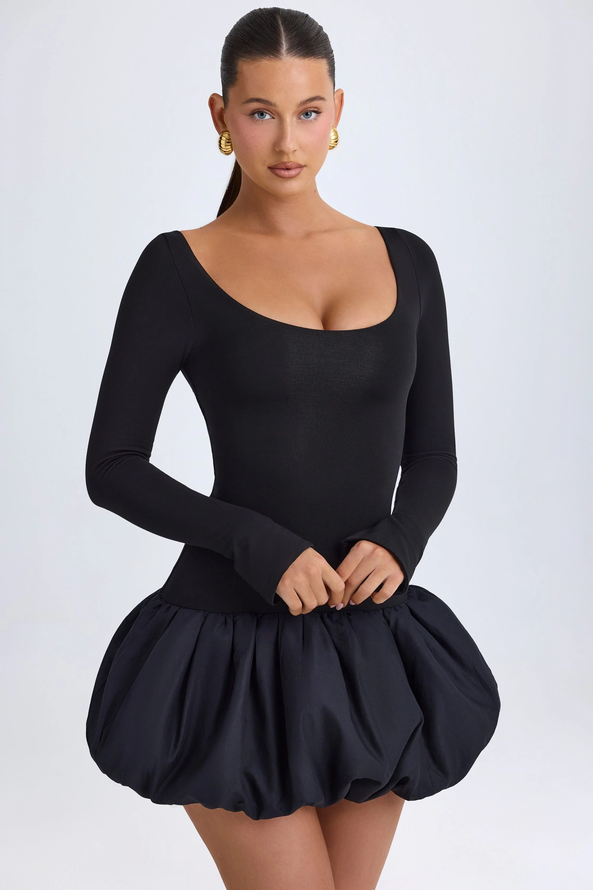 Modal Scoop-Neck Drop-Waist Bubble Hem Mini Dress in Black