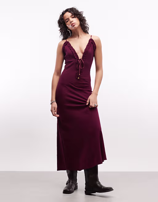 deep plunge cami maxi sundress with ruffle trim in plum