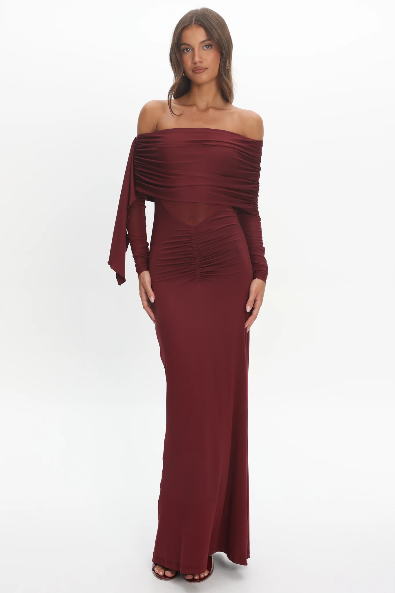 Marlowe Off-Shoulder Sheer Waist Maxi Dress Wine