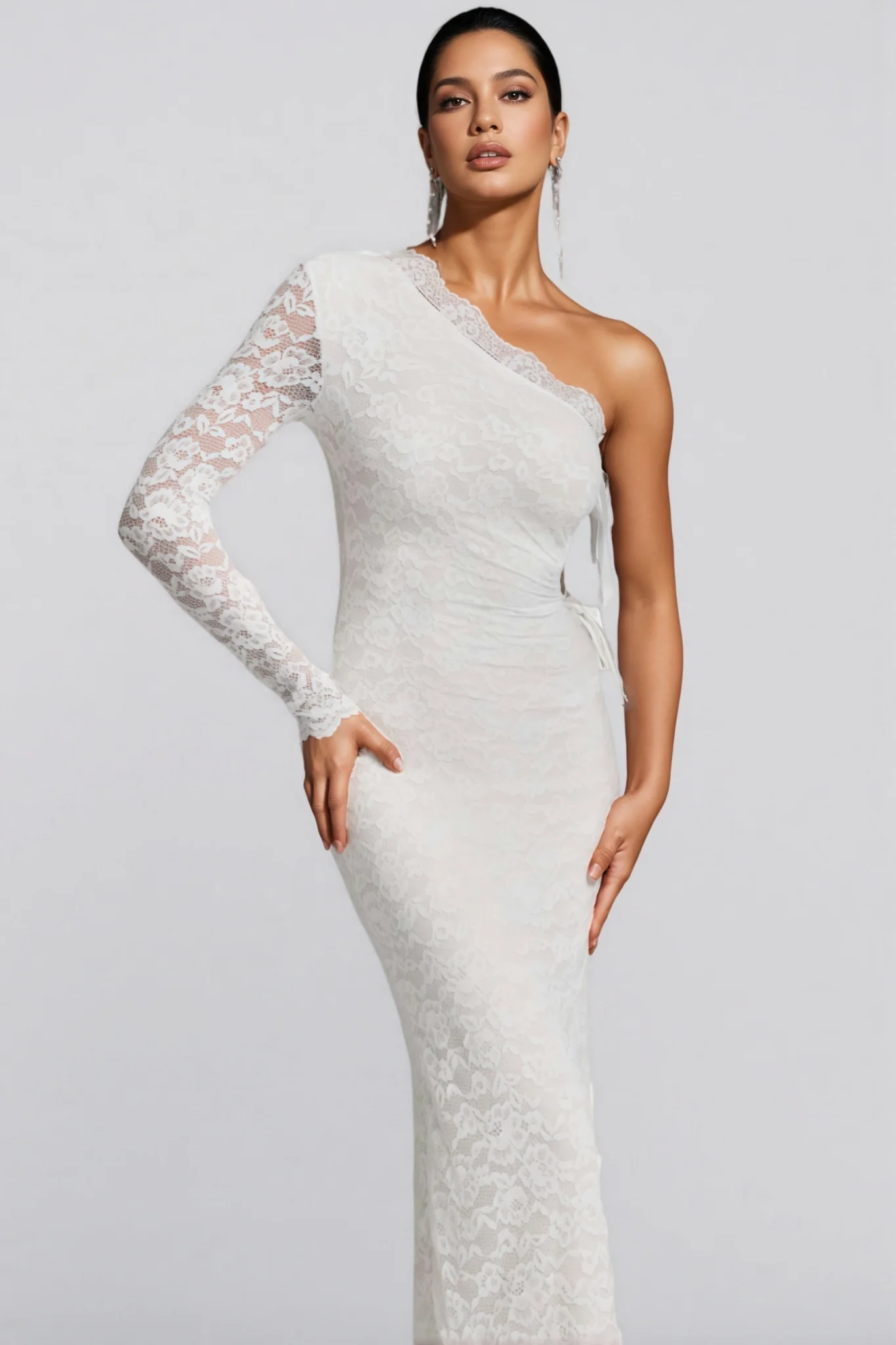 Sylase One Shoulder White Lace Maxi Dress