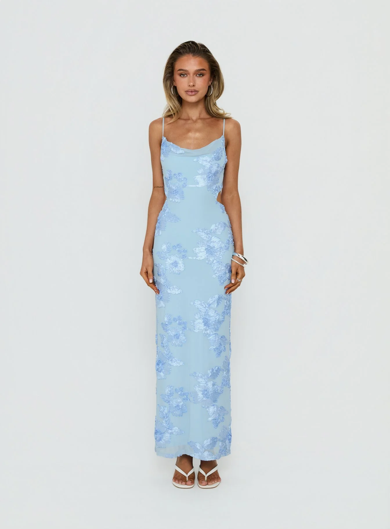 Angel Voices Cowl Neck Maxi Dress Blue Burnout