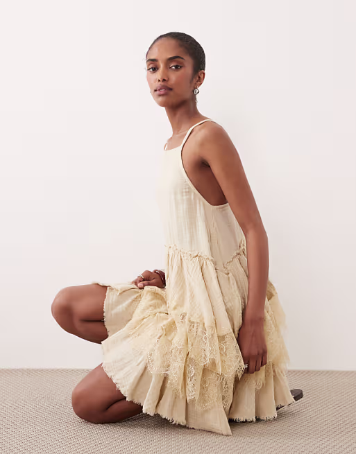double cloth washed mini sundress with distressed ruffles and lace panels in tea stained wash