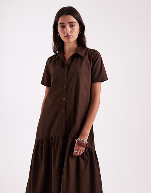 Threadbare poplin tiered midi shirt dress in chocolate brown