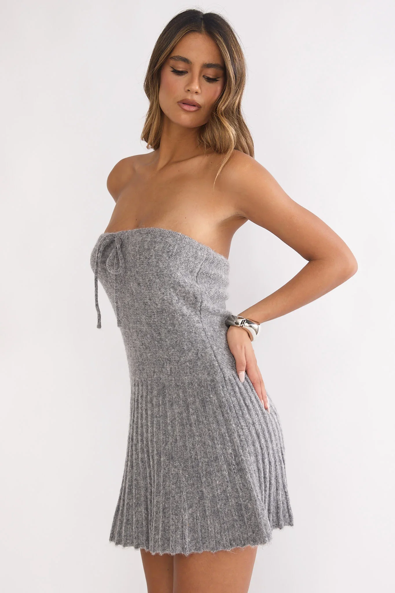 Hollis Strapless Pleat Hem Knit Mini Dress Charocal