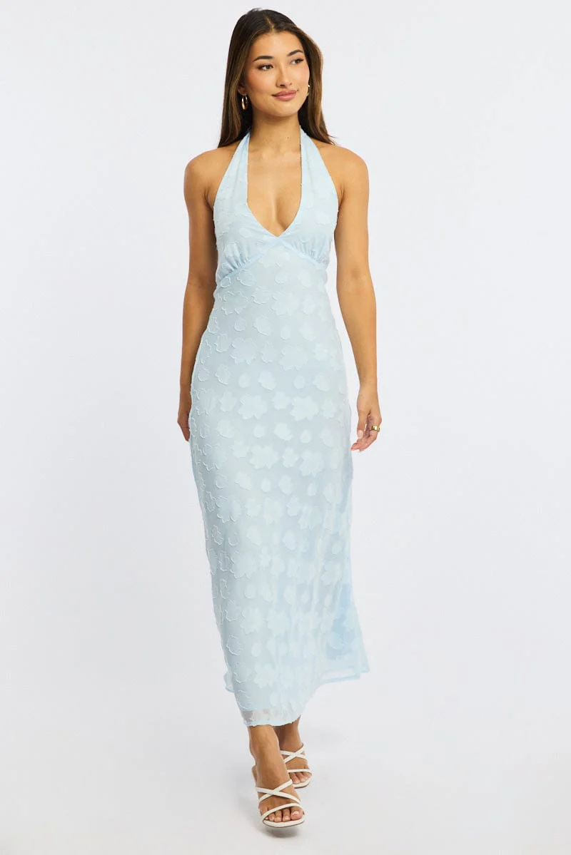 Blue Midi Dress Halter Neck