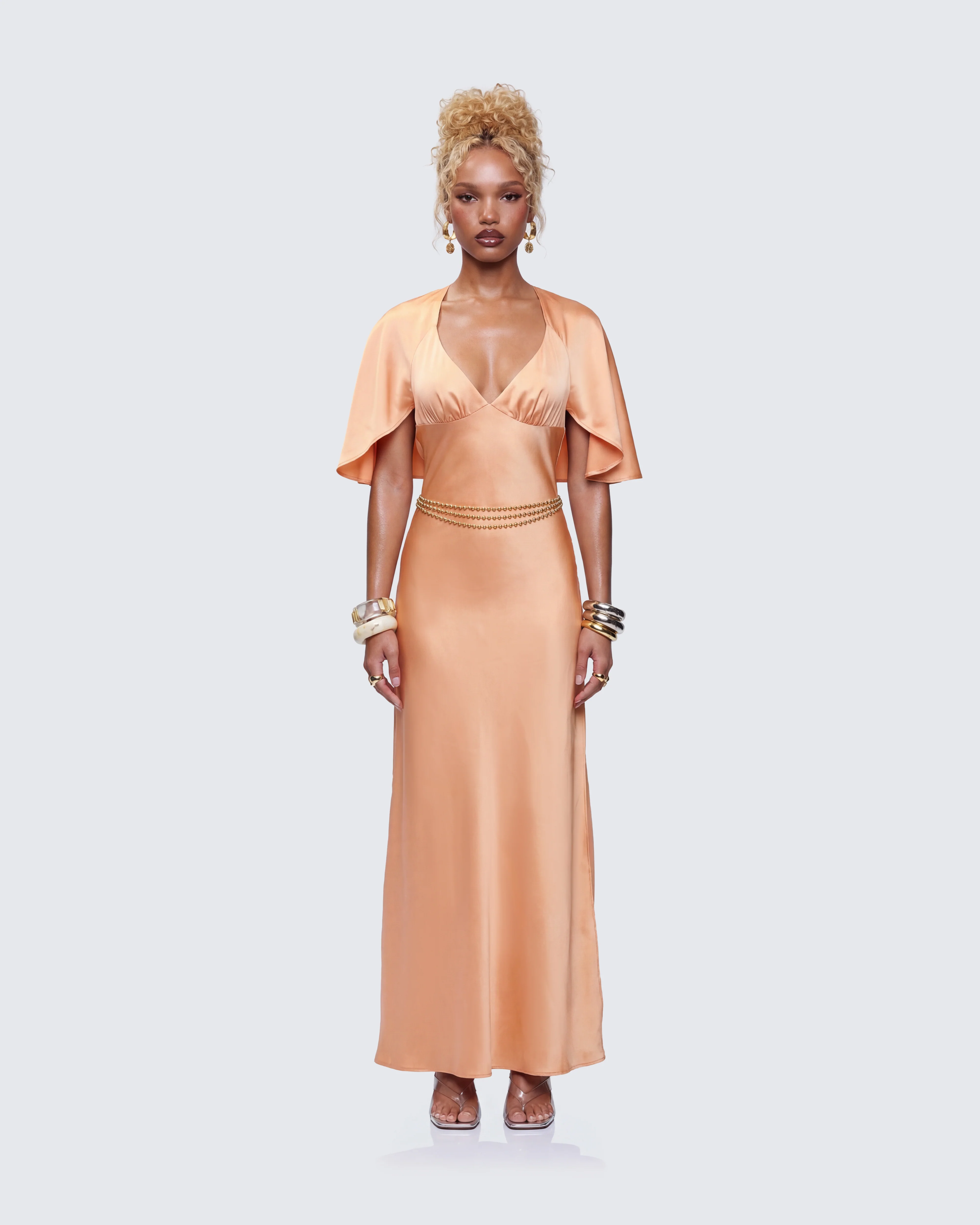 Loretta Orange Satin Cape Sleeve Dress