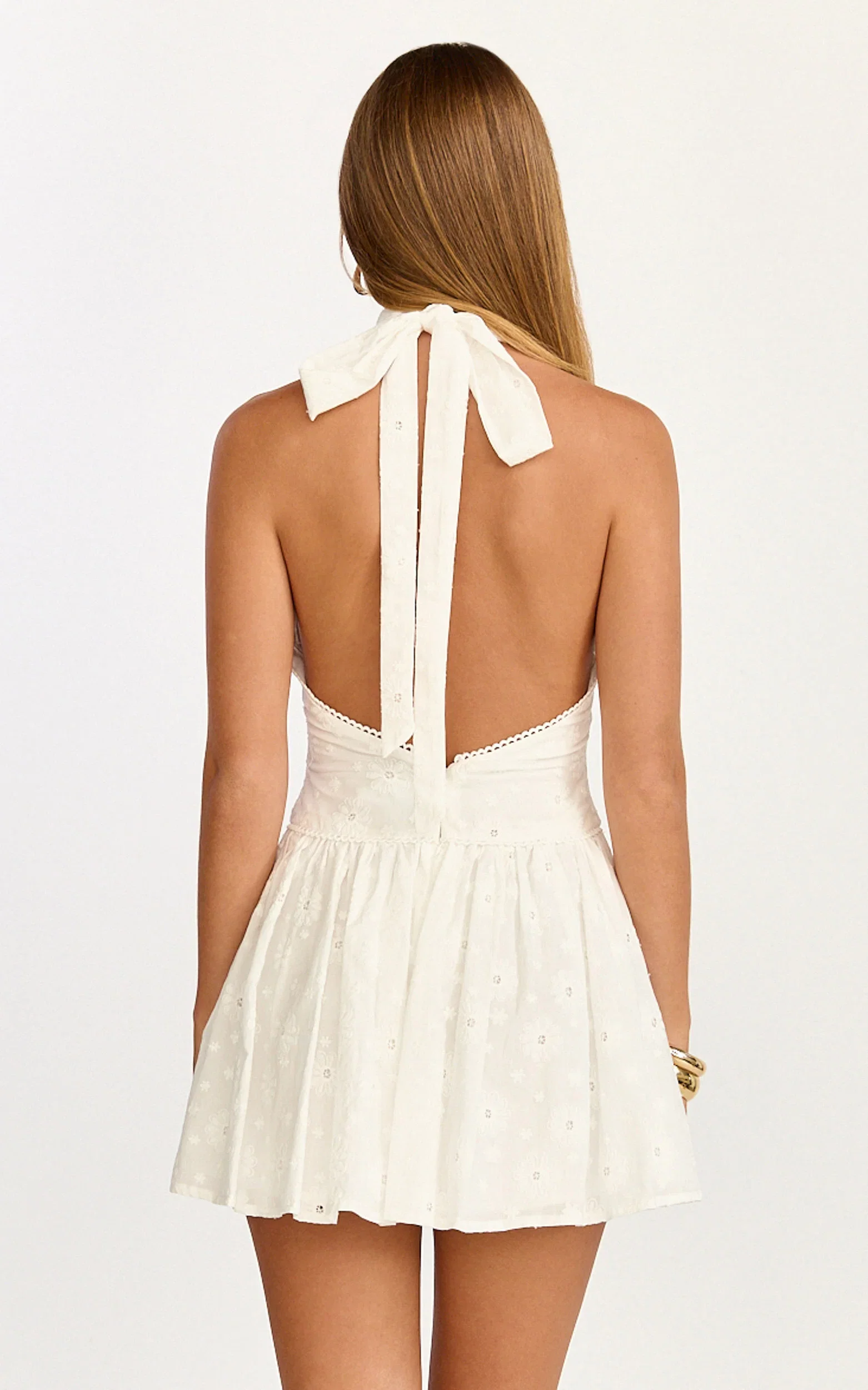 Lyra Mini Dress - Broderie Halter Neck Tie Drop V Waist Dress in White