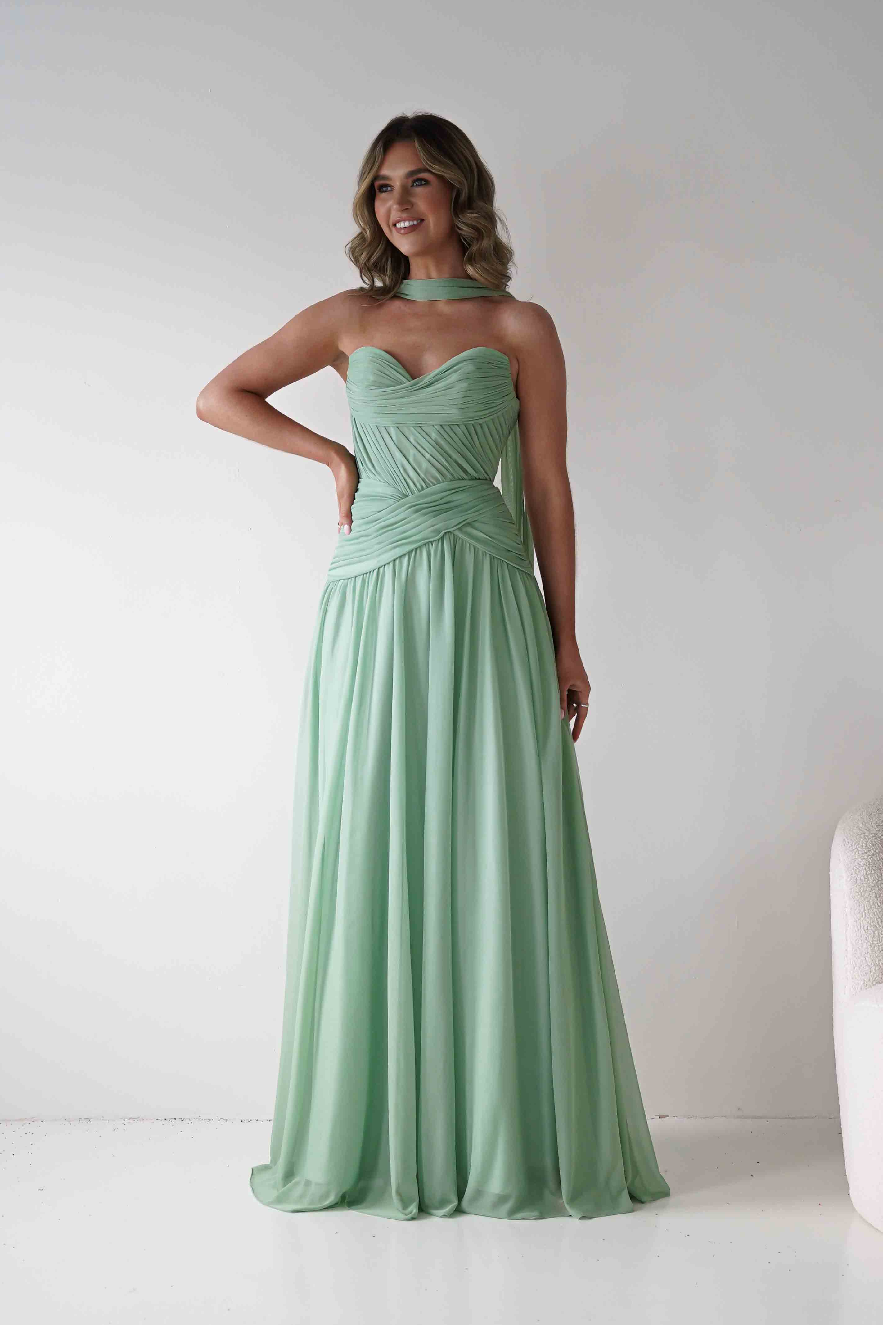 Nicolette Strapless Chiffon Maxi Gown | Sage