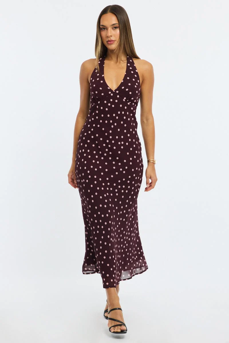 Red Polka Dot Midi Dress Halter Neck
