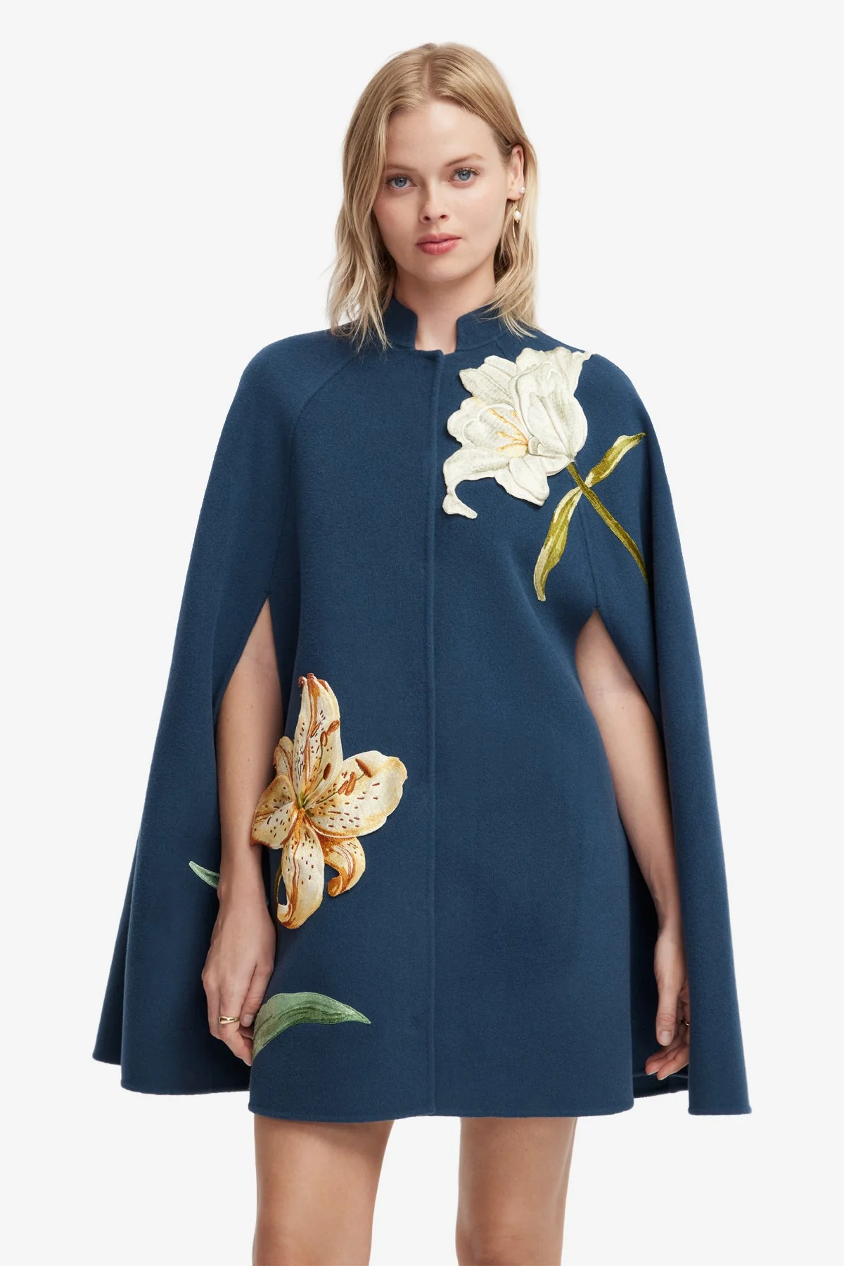 Sloane Embroidered Wool Cape Jacket - Lily Print in Indigo
