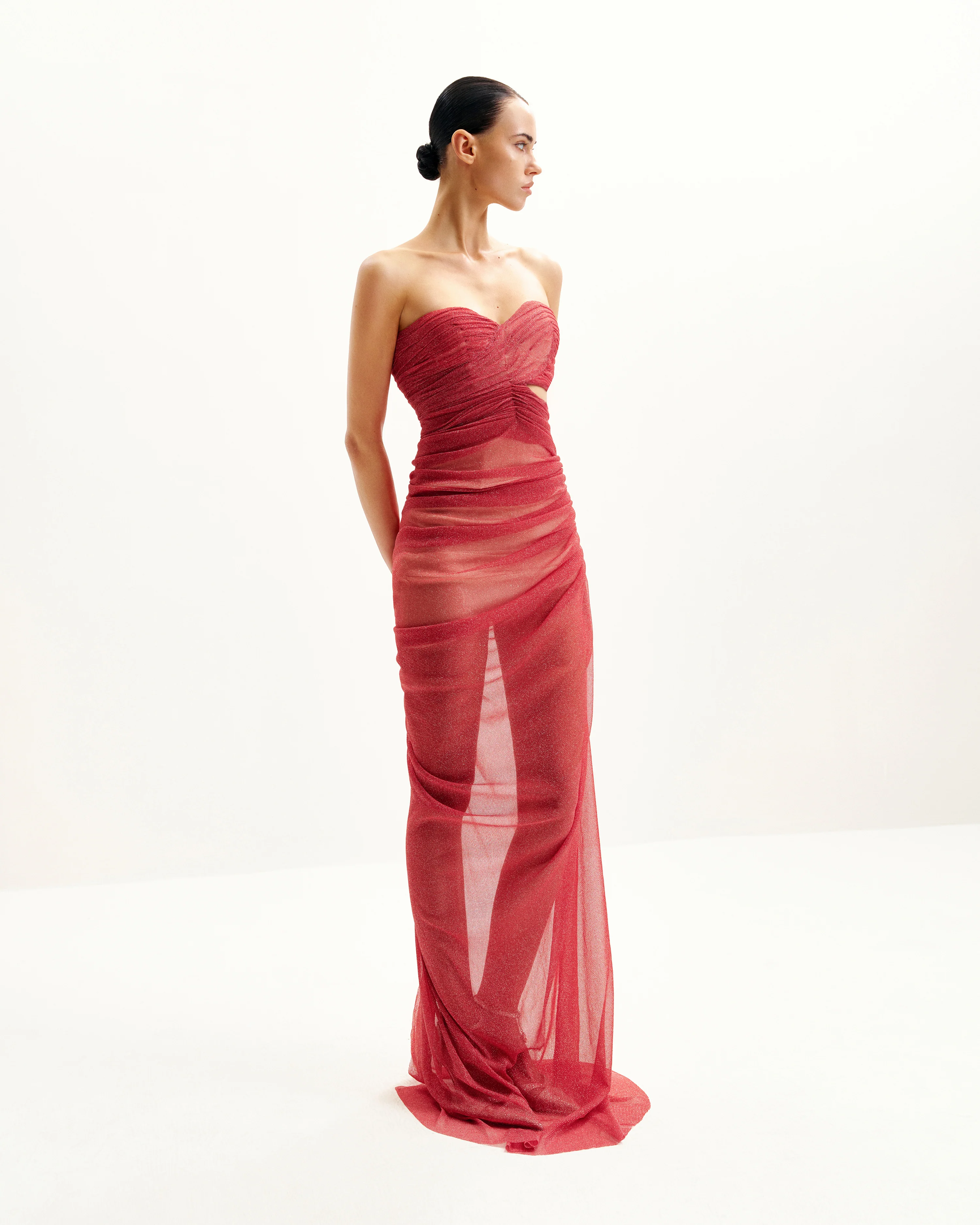 Mia Strapless Sheer Glitter Gown - Scarlet - FASHION NOB