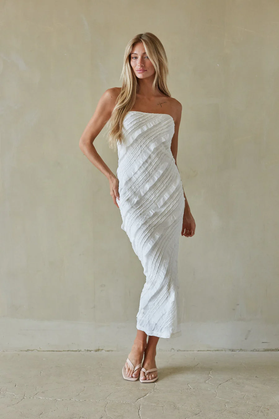 Catalina Ruffle Strapless Midi Dress