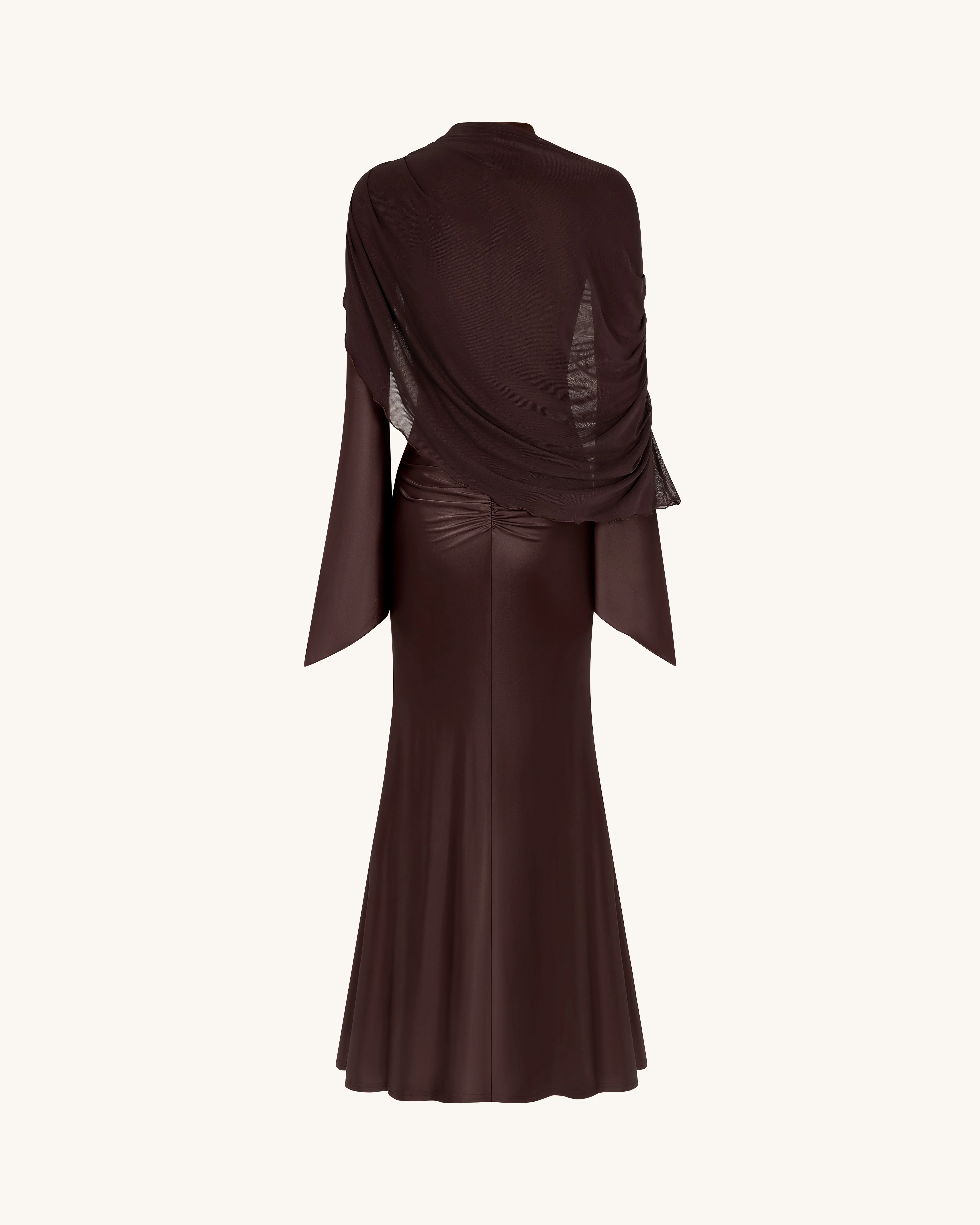 Sheer Shawl Ruched Bodycon Maxi Gown - Brown - FASHION NOB