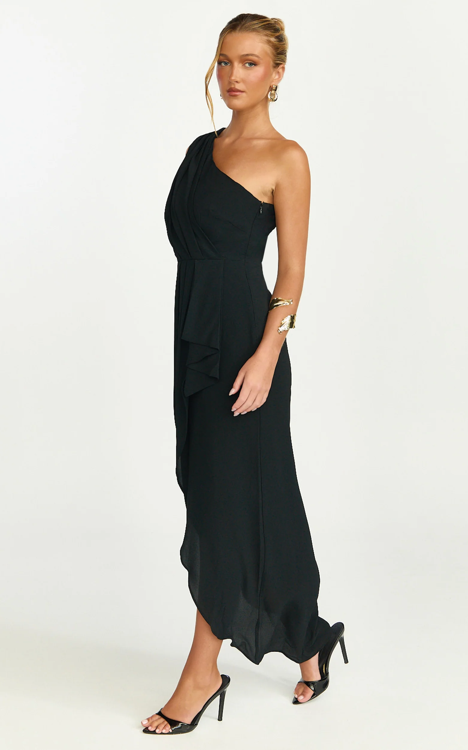 Namaari Midi Dress - Faux Wrap One Shoulder Dress in Black