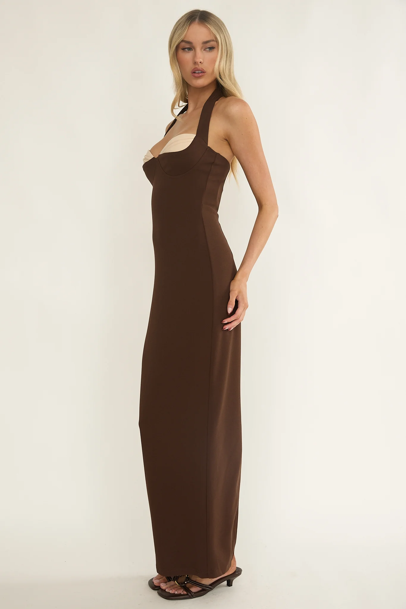 Briela Halter Bustier Maxi Dress Chocolate - luluinthesky