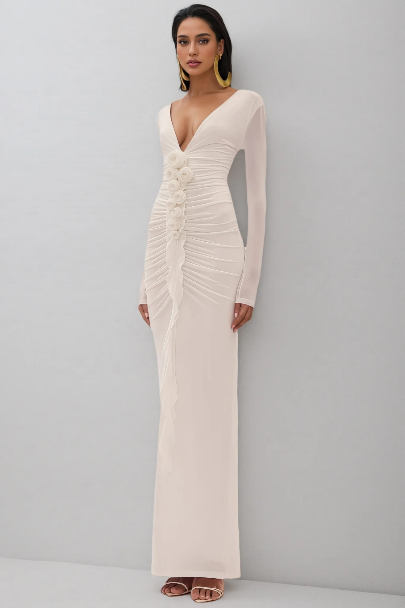 Vivialk V-neck 3D Flower Pleated Maxi Dress